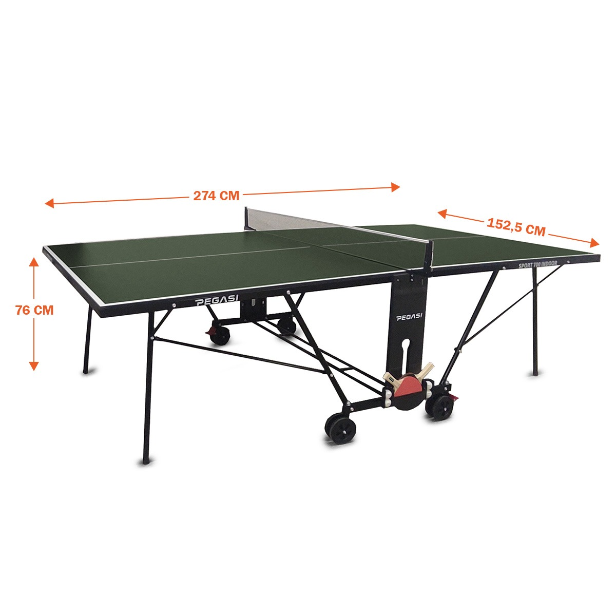A green ping pong table with black legs and a net. Measurements are labeled: 274cm, 152.5cm, and 76cm. Brand name: Pegasi.