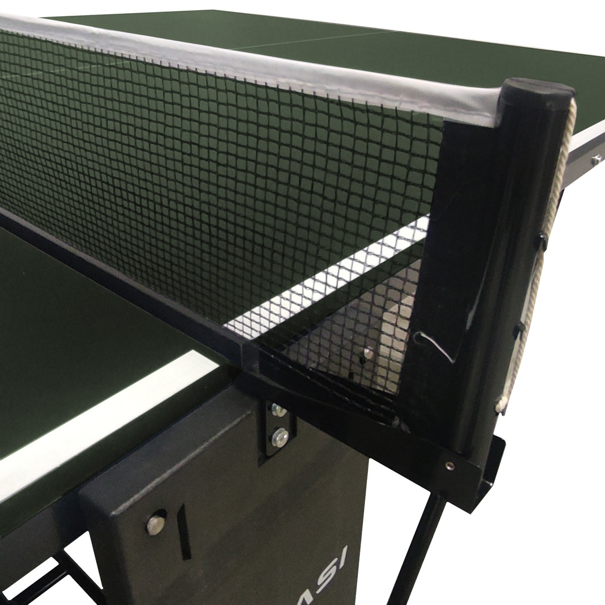 A close-up view of a ping pong table. The net is in the center, black and white lines on the green table.