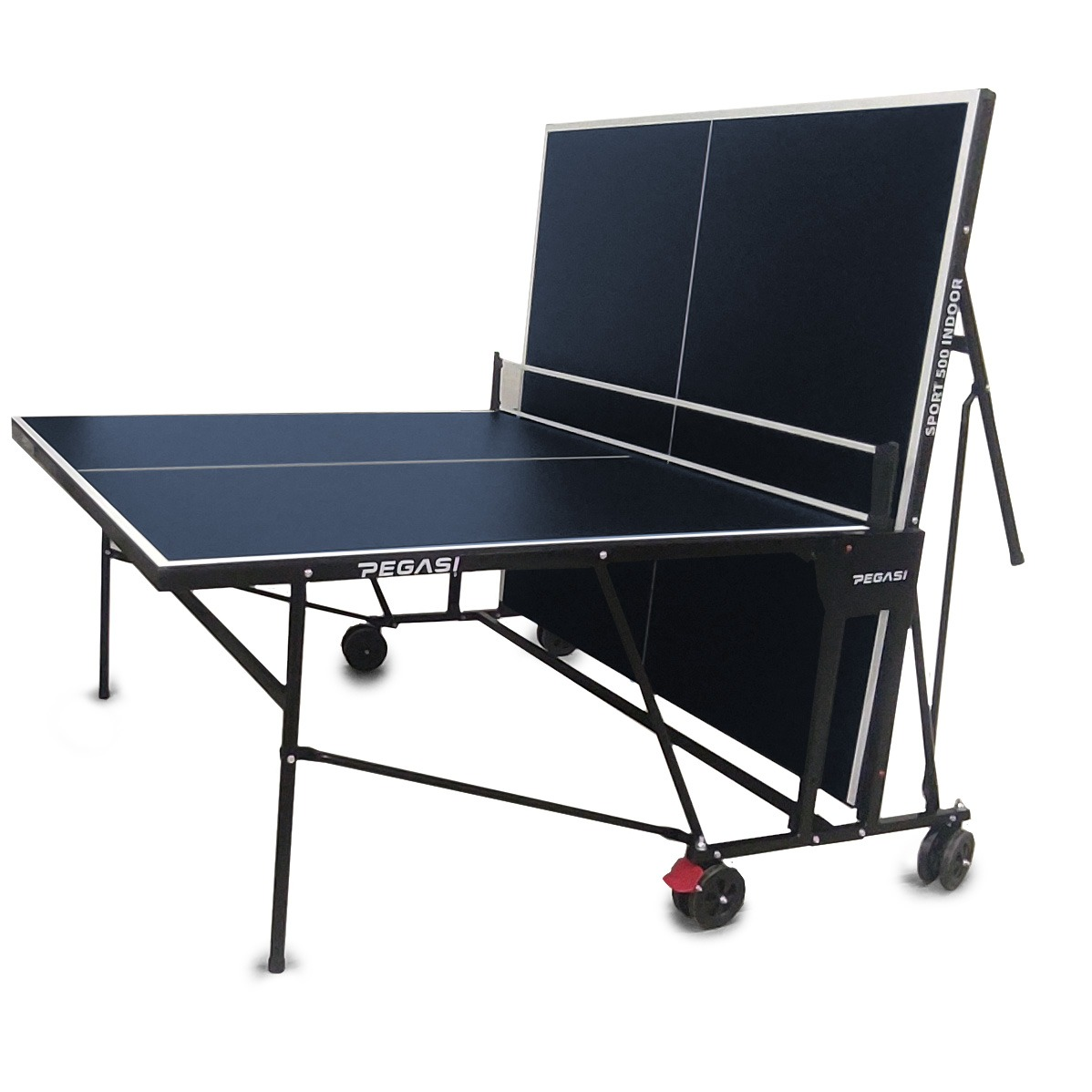 A dark blue ping pong table with net, black frame, and wheels. Pegasi brand name is visible. It is indoors.