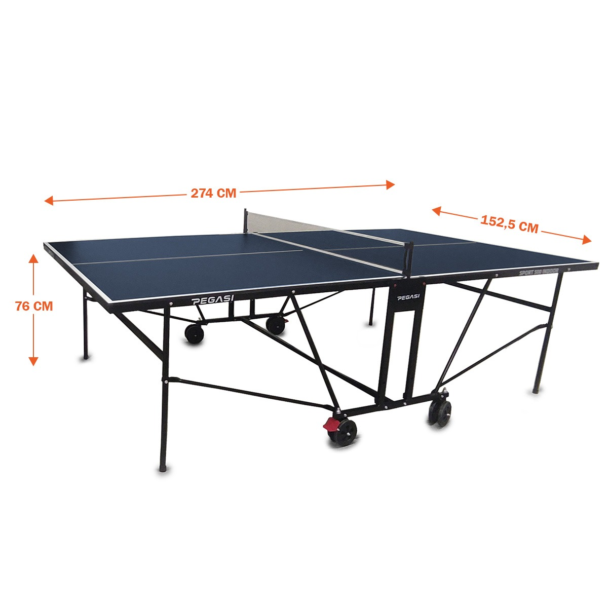 A blue table tennis table with a net in the middle. Measurements are shown: 274cm long, 152.5cm wide, and 76cm high.