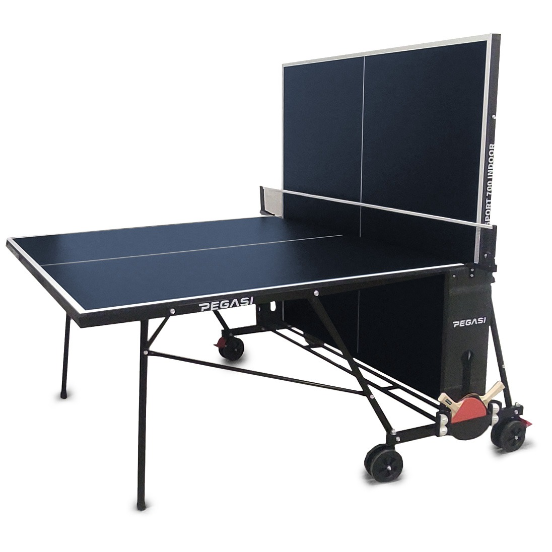 A black and white ping pong table with a net. It has wheels and paddles attached.