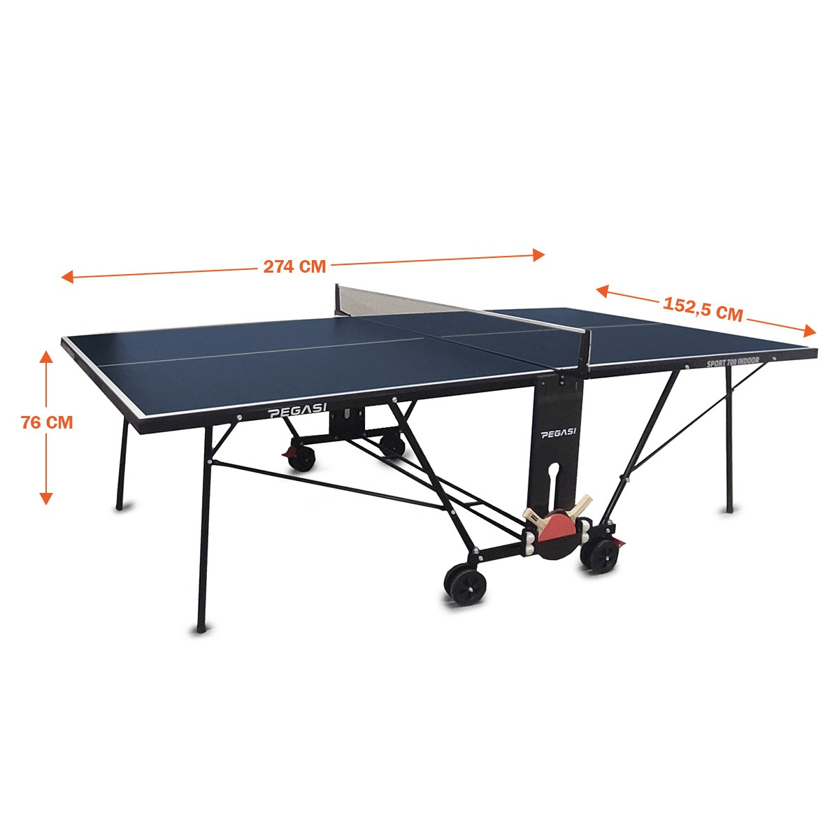 A blue table tennis table with a net in the middle. Black legs, wheels and a racket holder are visible.