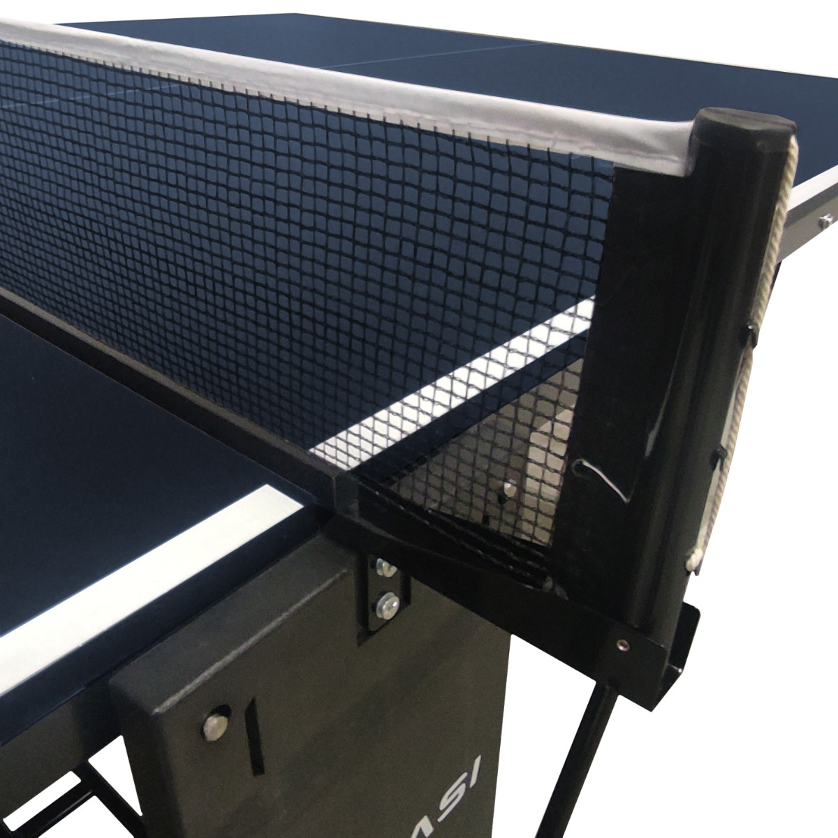 Close-up of a ping pong table net. The net is black. The table is blue with white lines.