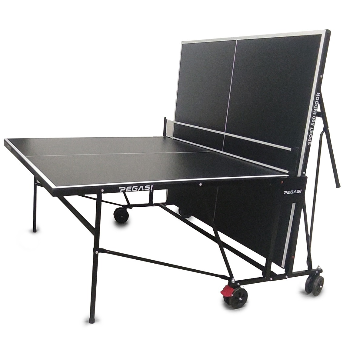 A black and white ping pong table with wheels, net, and the words 'Pegasi' and 'Sport 500 Indoor' visible.
