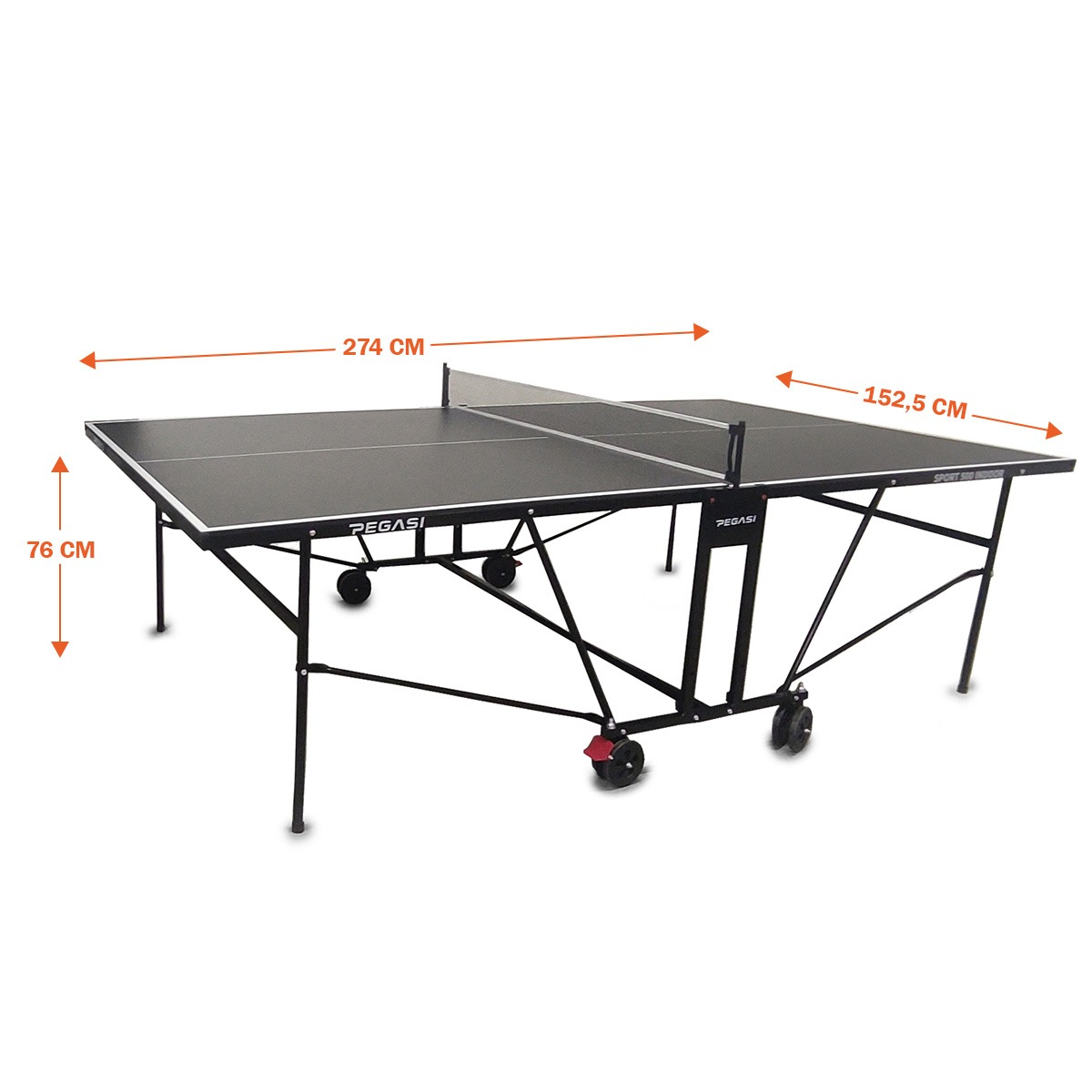 A black ping pong table with net, wheels, and dimensions labeled. The table has the brand 'PEGASI' on it.