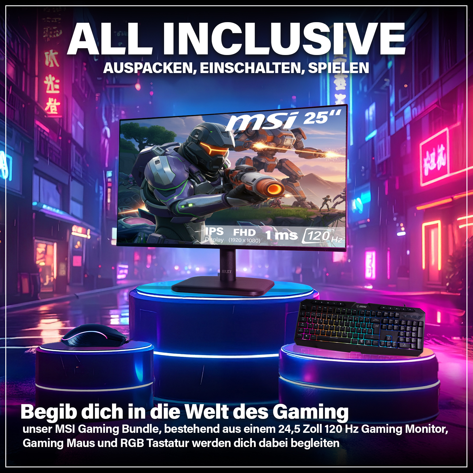 Publicité pour un pack gaming. Moniteur, clavier et souris sur plateformes bleues. Scène de jeu avec robots.