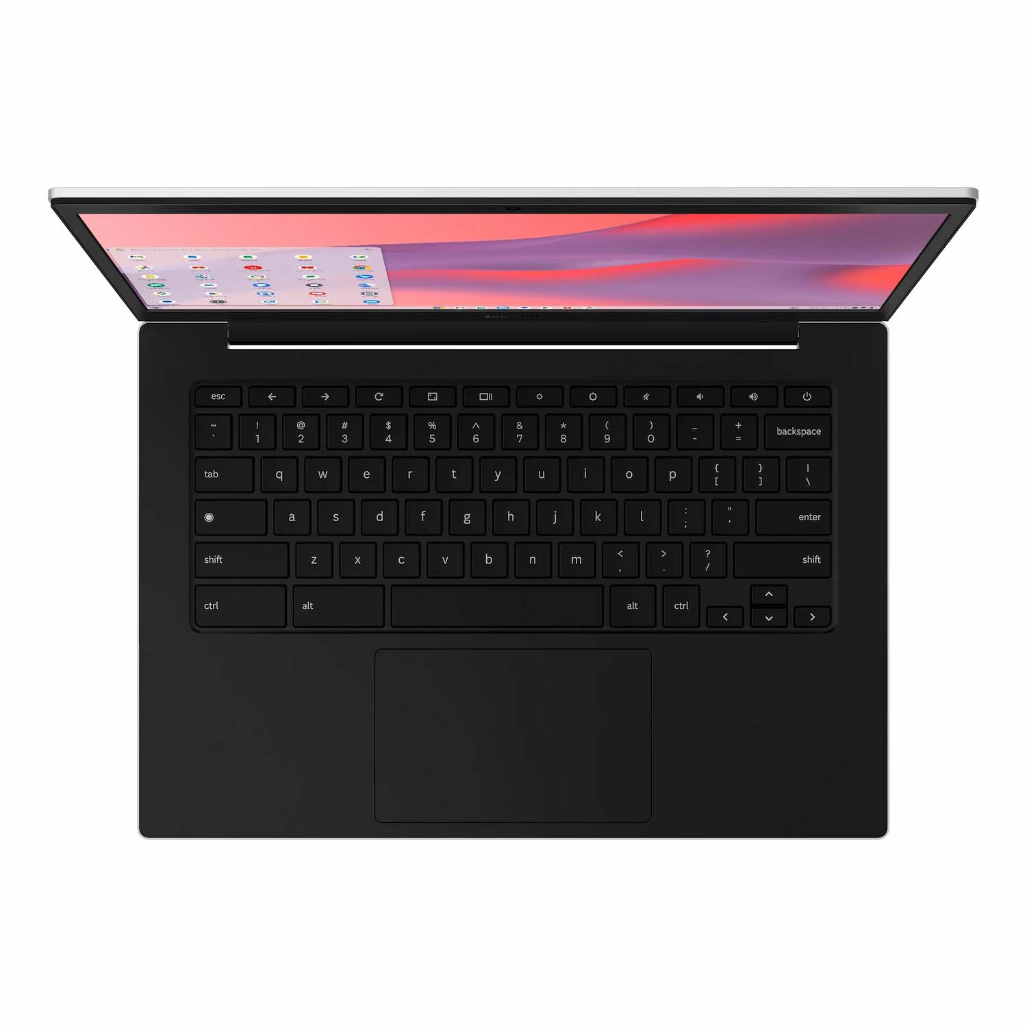 Una computadora portátil negra está abierta, mostrando el teclado y la pantalla. La pantalla muestra un degradado colorido. El teclado tiene letras blancas.