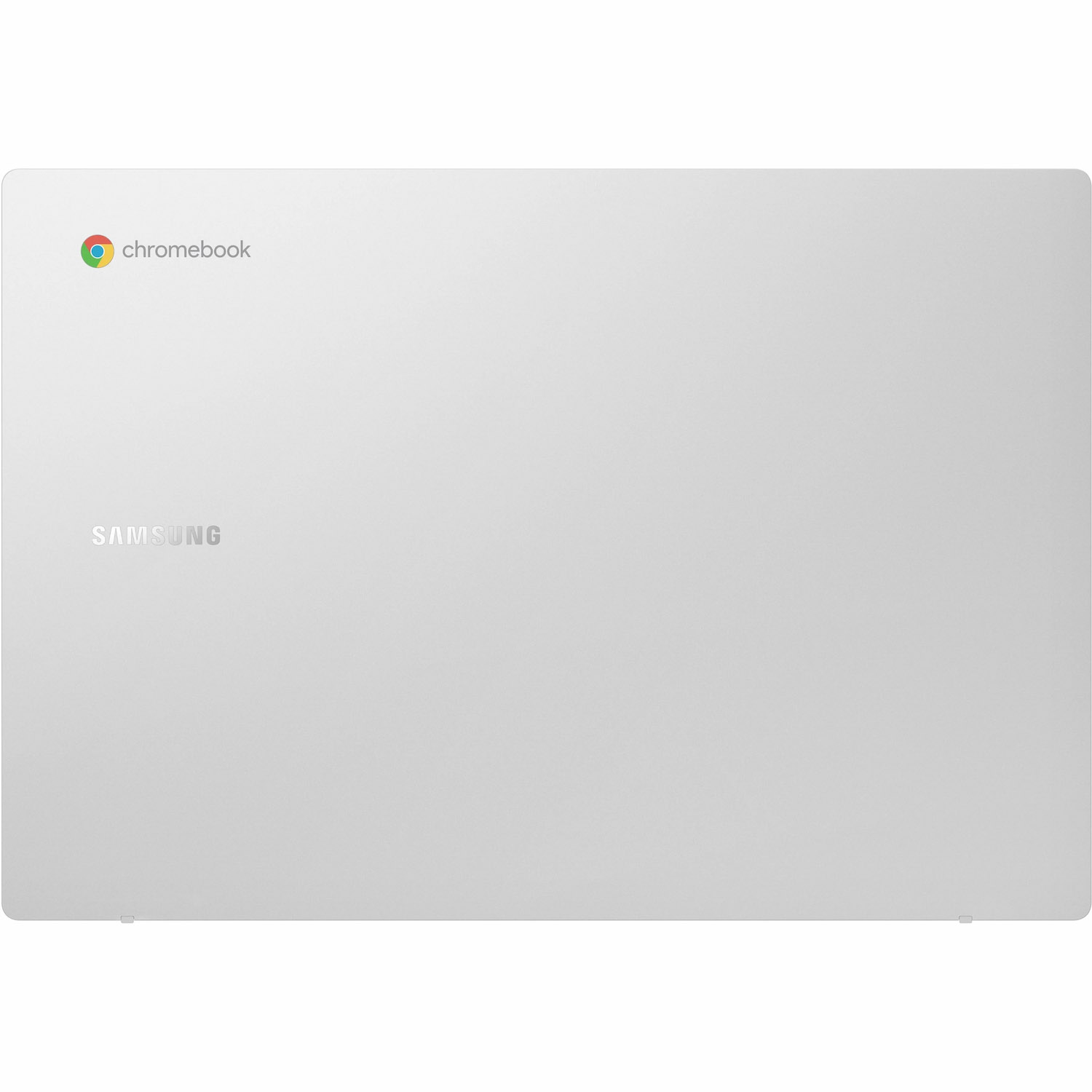 Un ordenador portátil Samsung Chromebook blanco. El logo de Chromebook está arriba a la izquierda. El logo de Samsung está debajo.