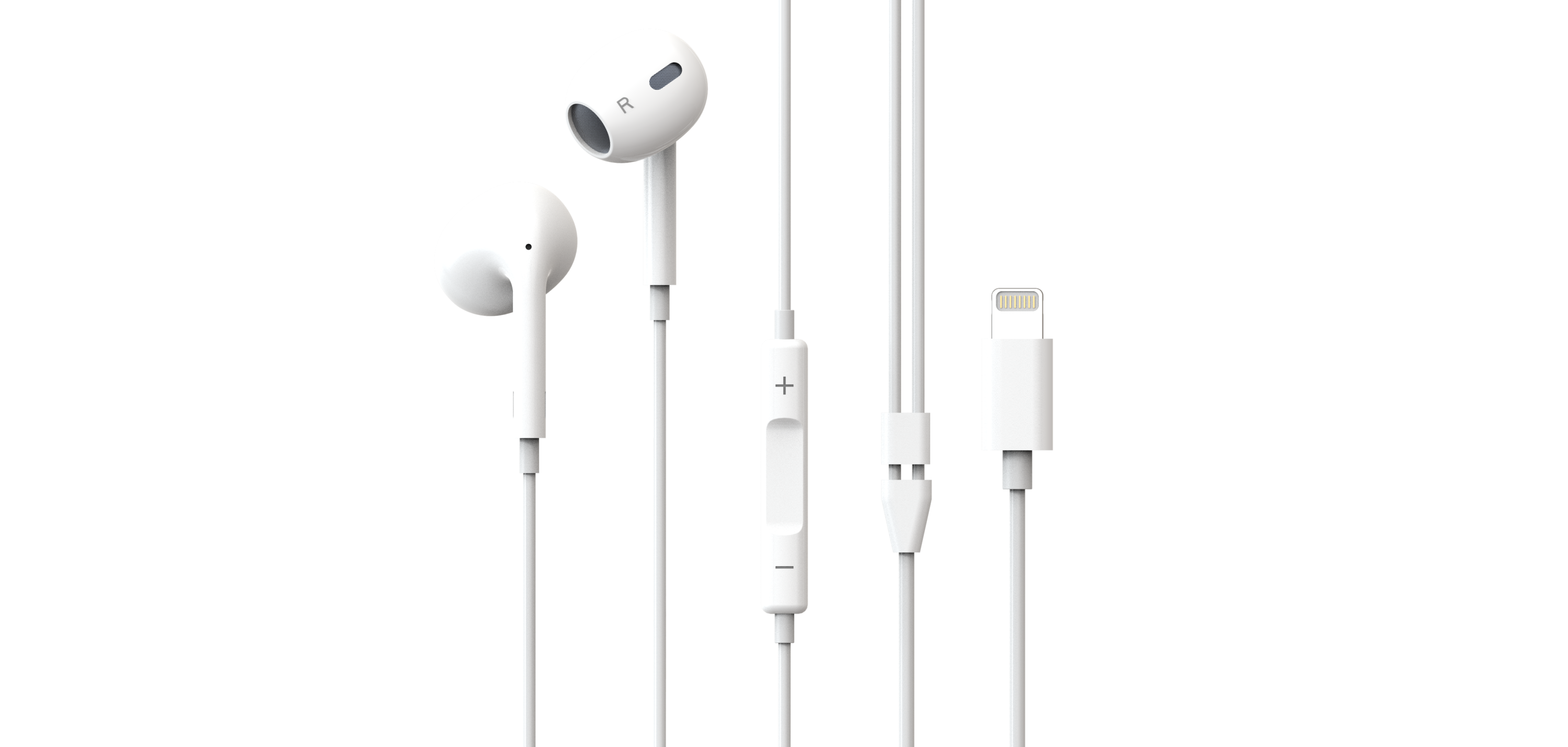 Auricolari bianchi con modulo di controllo e connettore Lightning su sfondo nero. Include le lettere R e L.