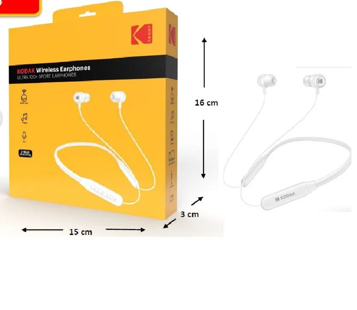 Un set di auricolari wireless Kodak con scatola. Il set è bianco. La scatola è gialla e ha il logo Kodak. Le dimensioni sono indicate.