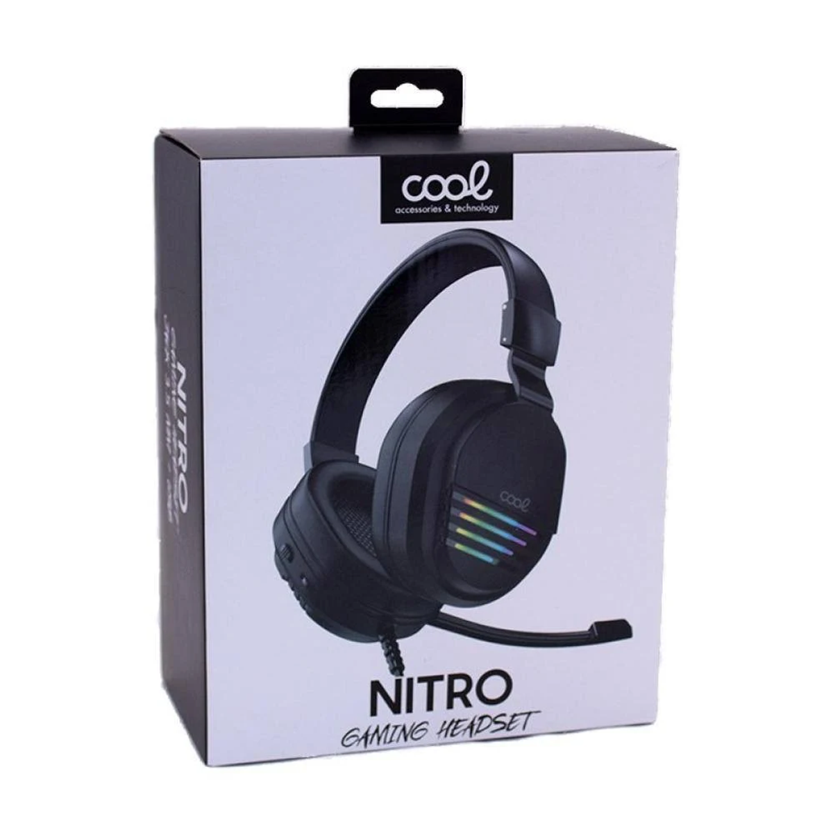 Una scatola con cuffie da gioco nere. Sulla scatola c'è scritto 'cool' e 'NITRO GAMING HEADSET'. Le cuffie sono nere.