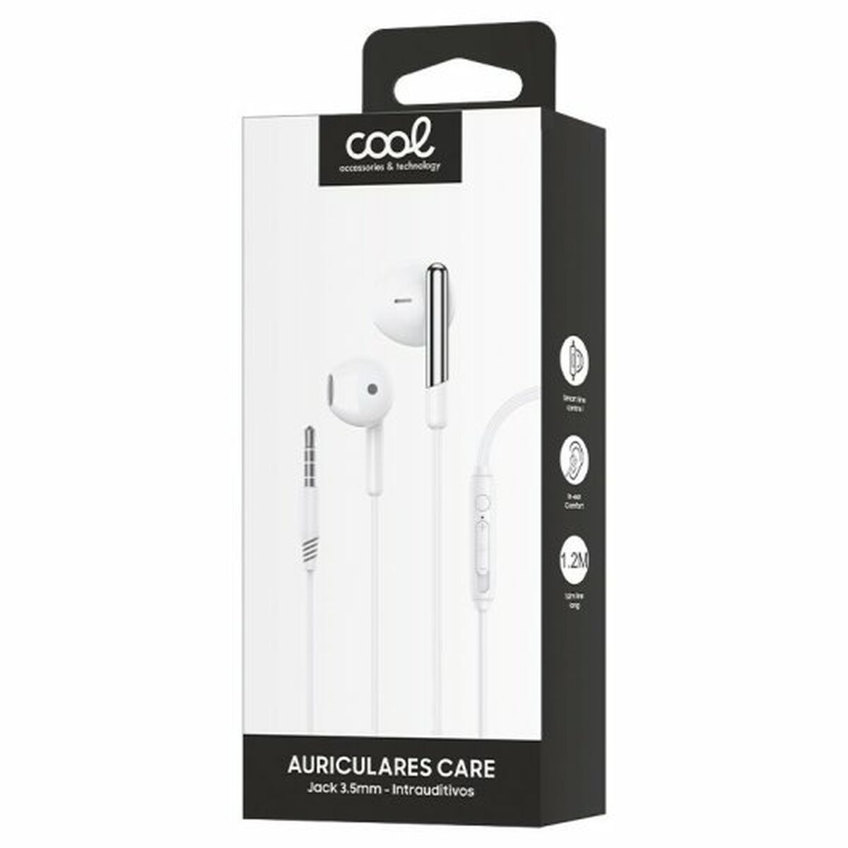 Auriculares blancos en una caja negra y blanca con la etiqueta 'Cool'. La caja dice 'Auriculares Care, Jack 3.5mm - Intrauditivos'.