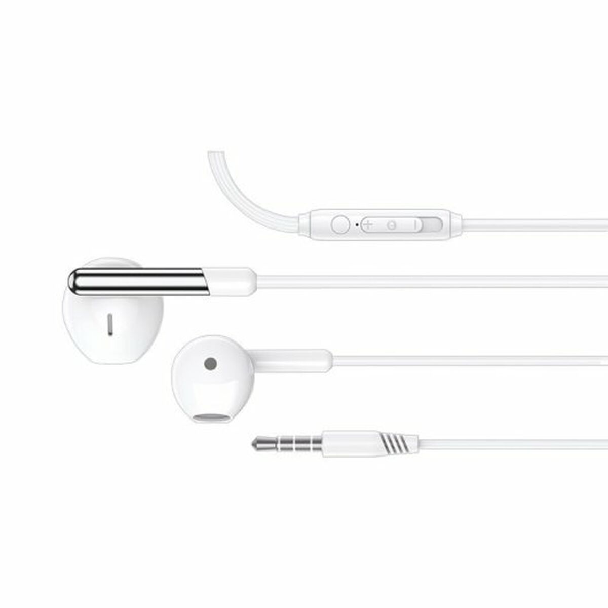 Se muestran auriculares blancos con un acento plateado. El cable tiene un panel de control y un conector jack de 3,5 mm. Un auricular está detallado.