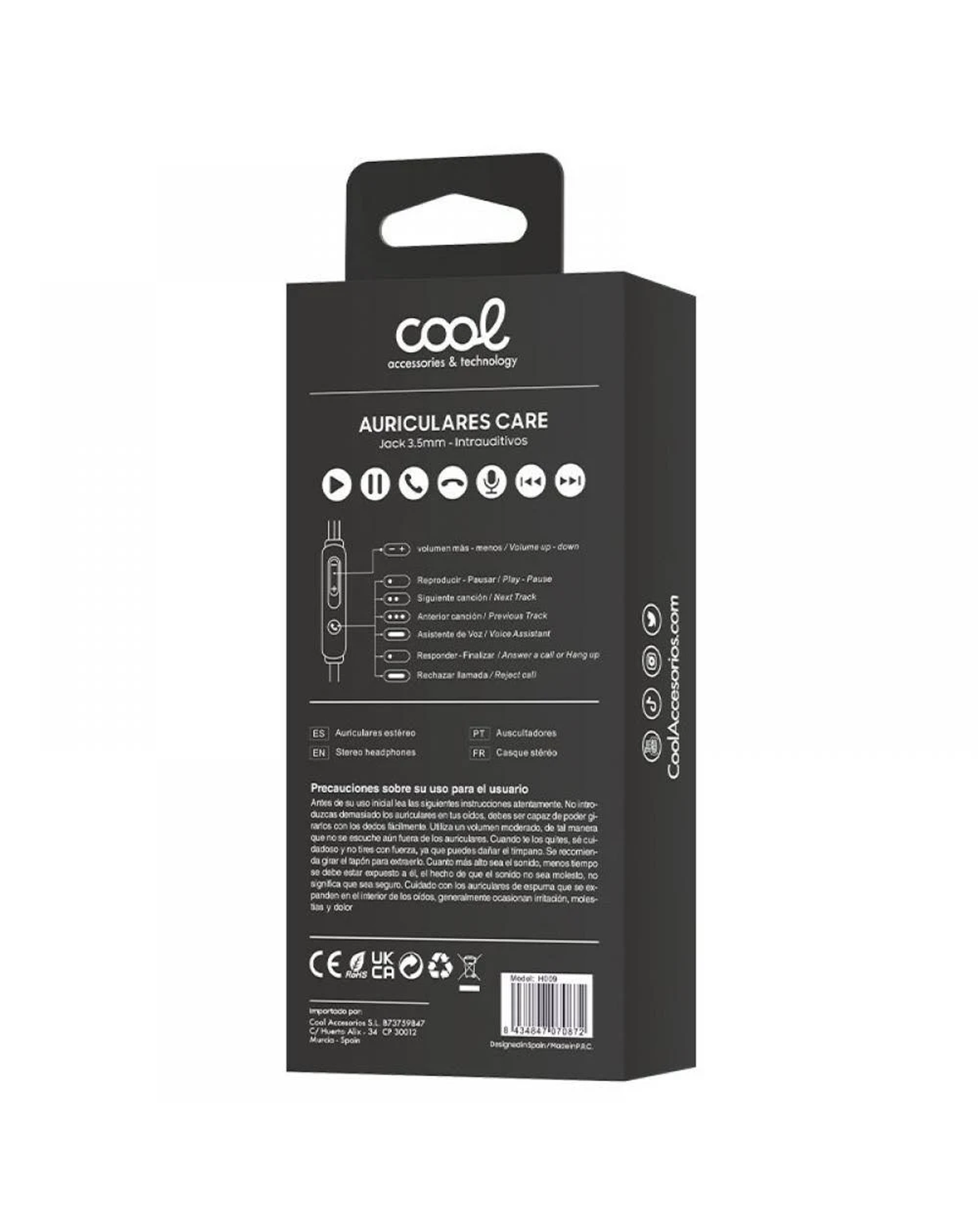 Caja negra con logo 'cool', nombre del producto e iconos. Texto en español. Contiene detalles del producto auriculares.