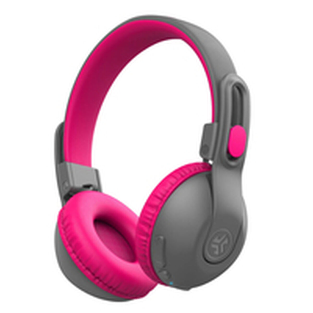 Cuffie grigie e rosa. I padiglioni auricolari e l'interno dell'archetto sono rosa. L'esterno è grigio. Le cuffie sono in uno studio.