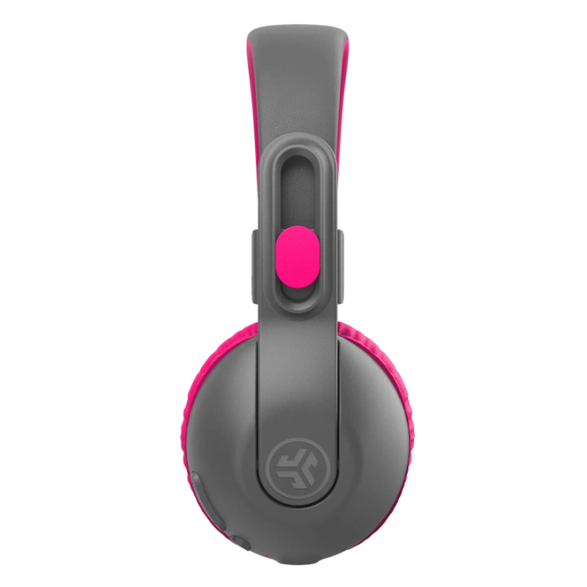 Cuffie grigie con dettagli rosa. L'archetto e i padiglioni sono grigi, con rosa all'interno. Un bottone rosa è sul telaio.