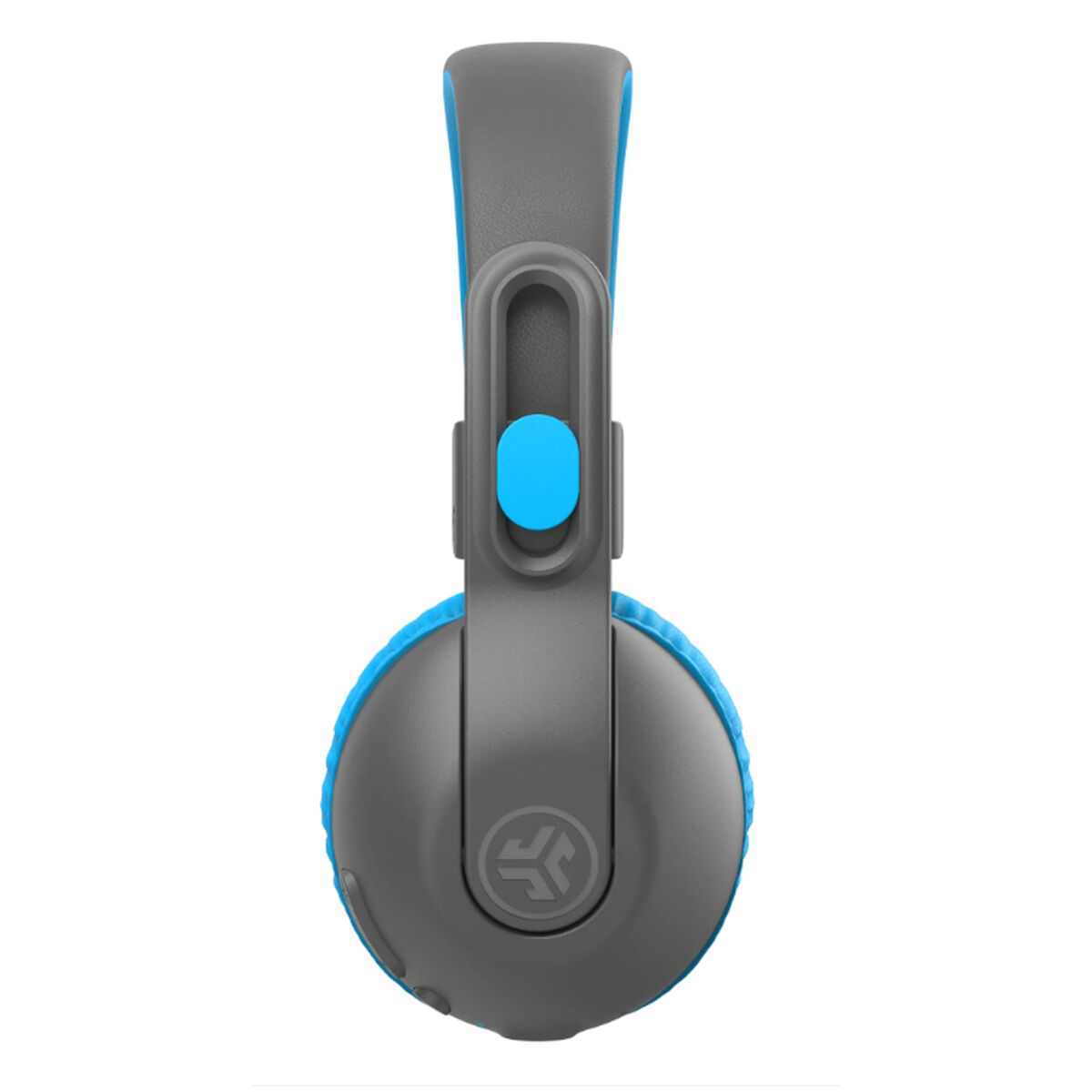 Cuffie grigie e blu. I padiglioni auricolari e l'archetto hanno dettagli blu. Un pulsante blu è sull'archetto.