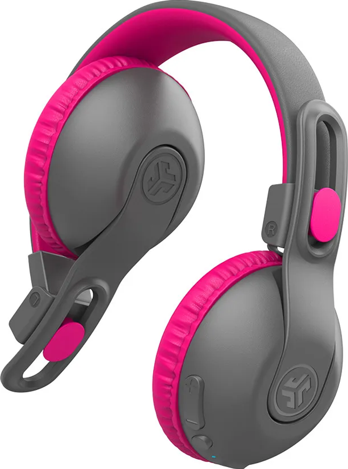 Cuffie grigie e rosa. I padiglioni e l'archetto sono rosa, il resto è grigio. Il logo JLab è visibile.