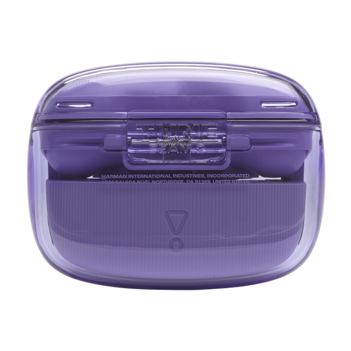 Fioletowe etui na słuchawki z przezroczystym wieczkiem. Etui ma prostokątny kształt i zawias. Marka jest widoczna.