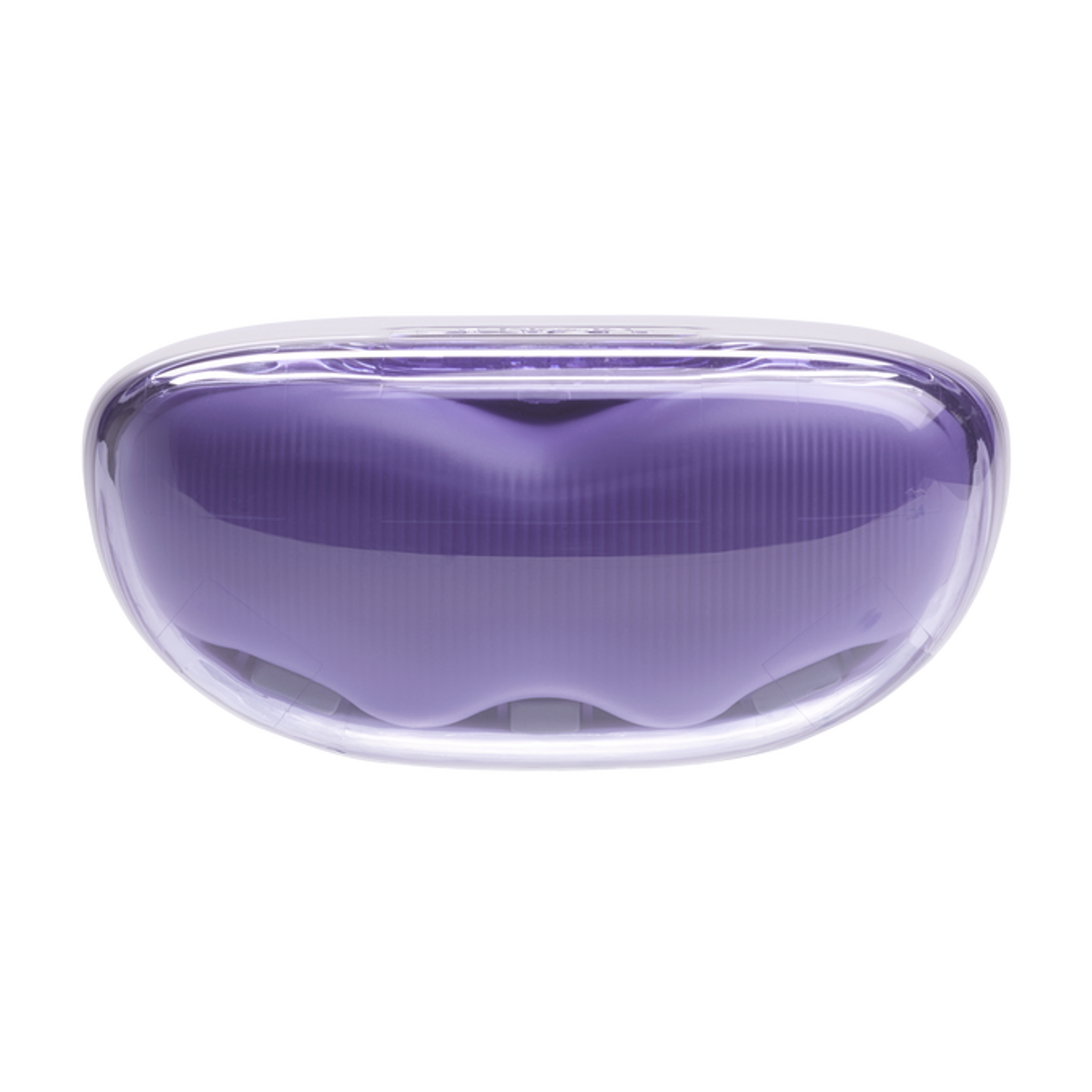 Przezroczysty, owalny pojemnik z fioletowym wnętrzem. Pojemnik ma przezroczystą, zakrzywioną pokrywę i białą podstawę.