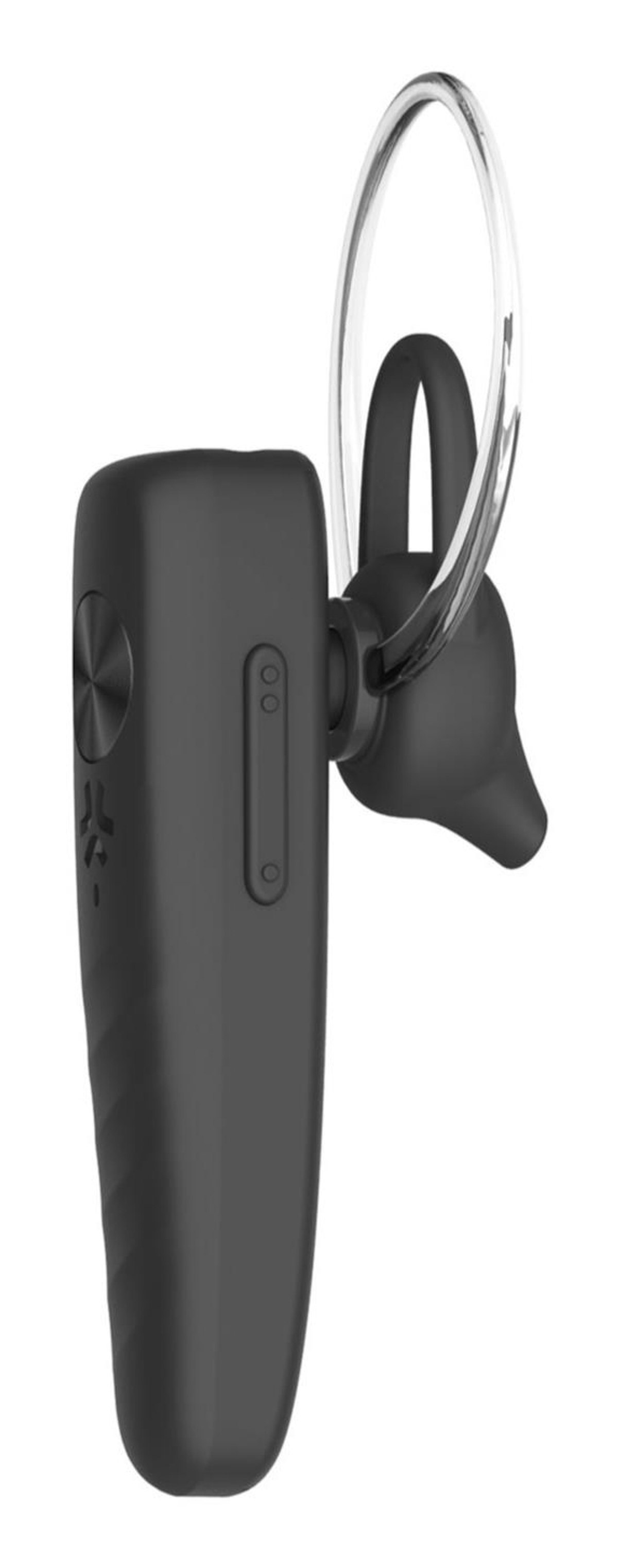Un auricolare Bluetooth nero. Ha un gancio per l'orecchio curvo e un piccolo auricolare. Ci sono pulsanti e un logo sul corpo.