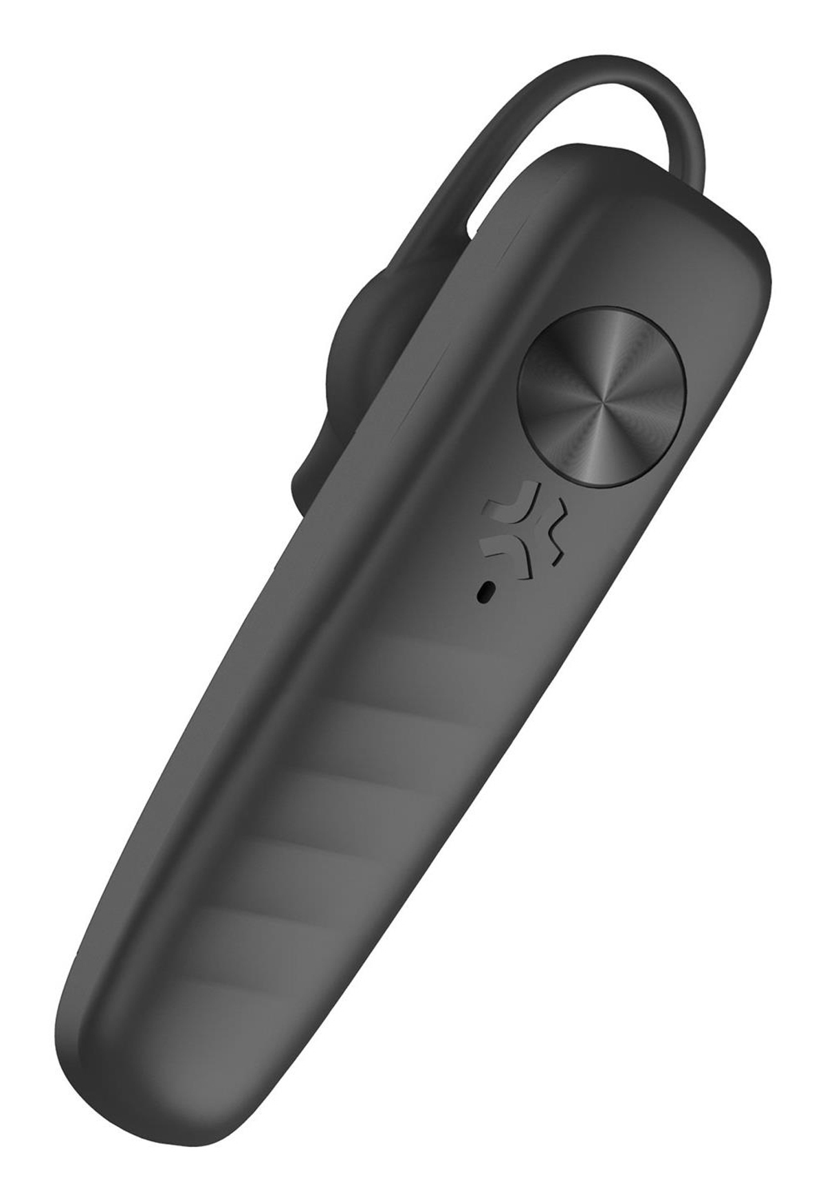 Un auricolare Bluetooth nero. Ha un gancio per l'orecchio curvo e un pulsante con un motivo radiale. Lo sfondo è bianco.