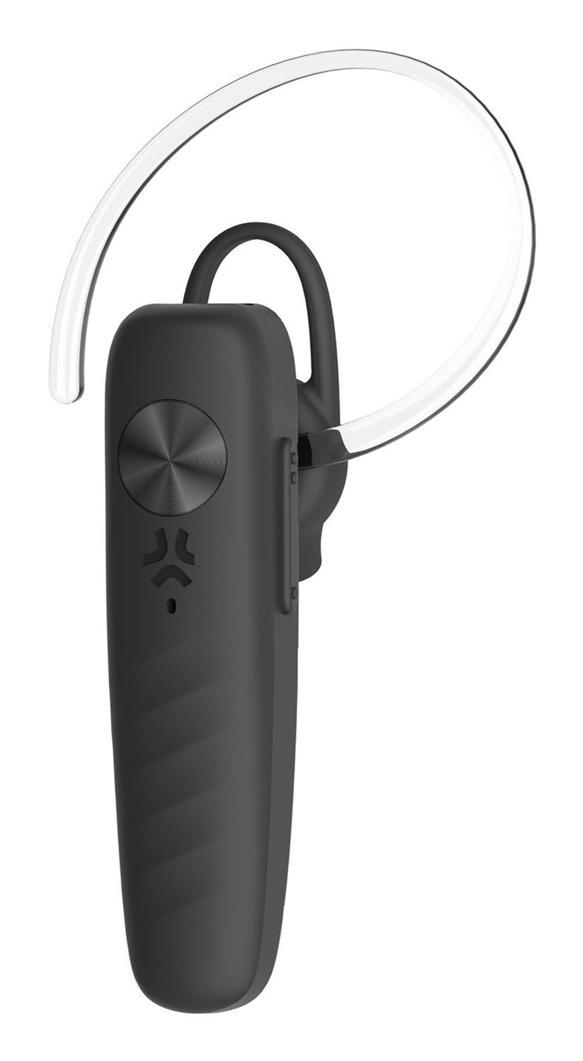 Un auricolare Bluetooth nero con un gancio trasparente per l'orecchio. Ha un pulsante rotondo e un logo. Lo sfondo è bianco.
