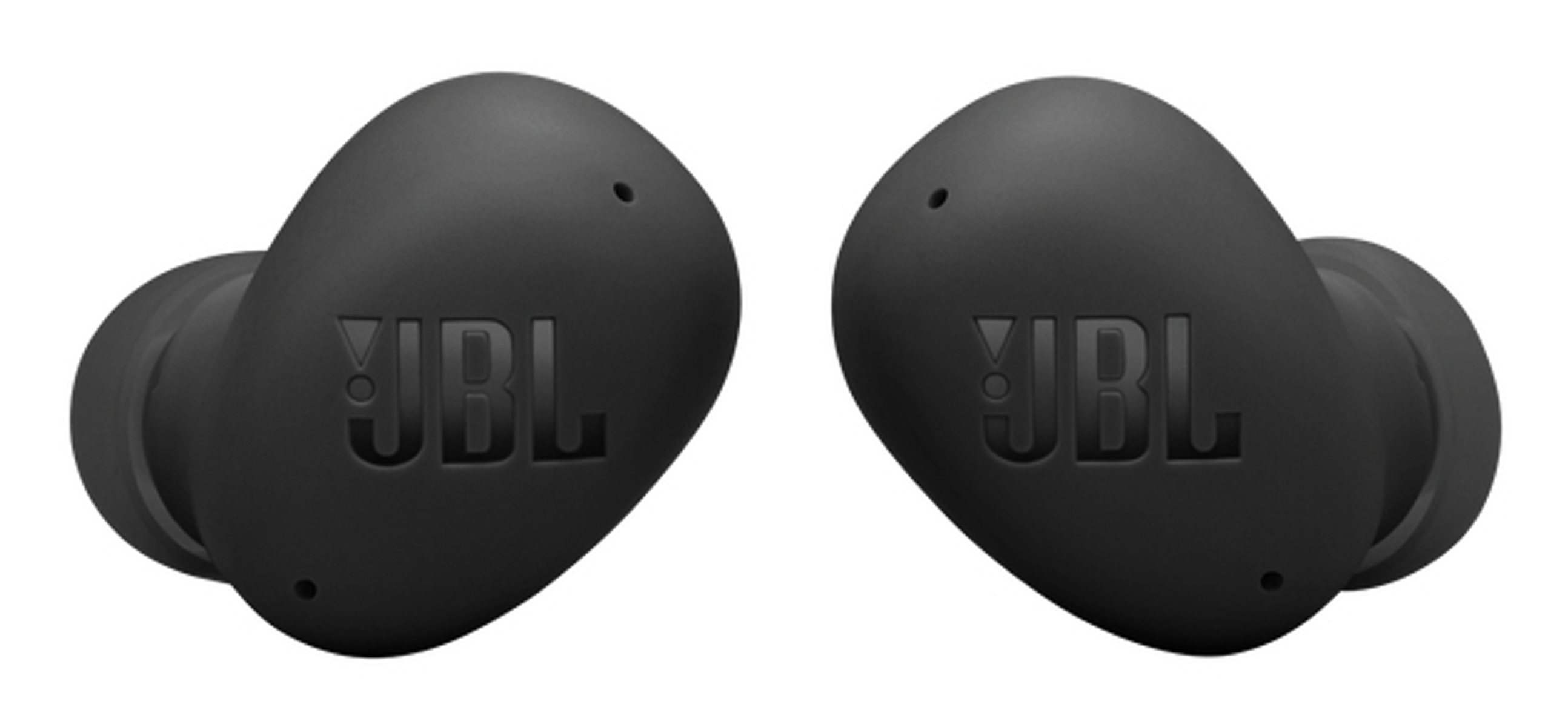 Dwa czarne słuchawki JBL, widoczne logo. Każda słuchawka ma mały otwór. Białe tło.