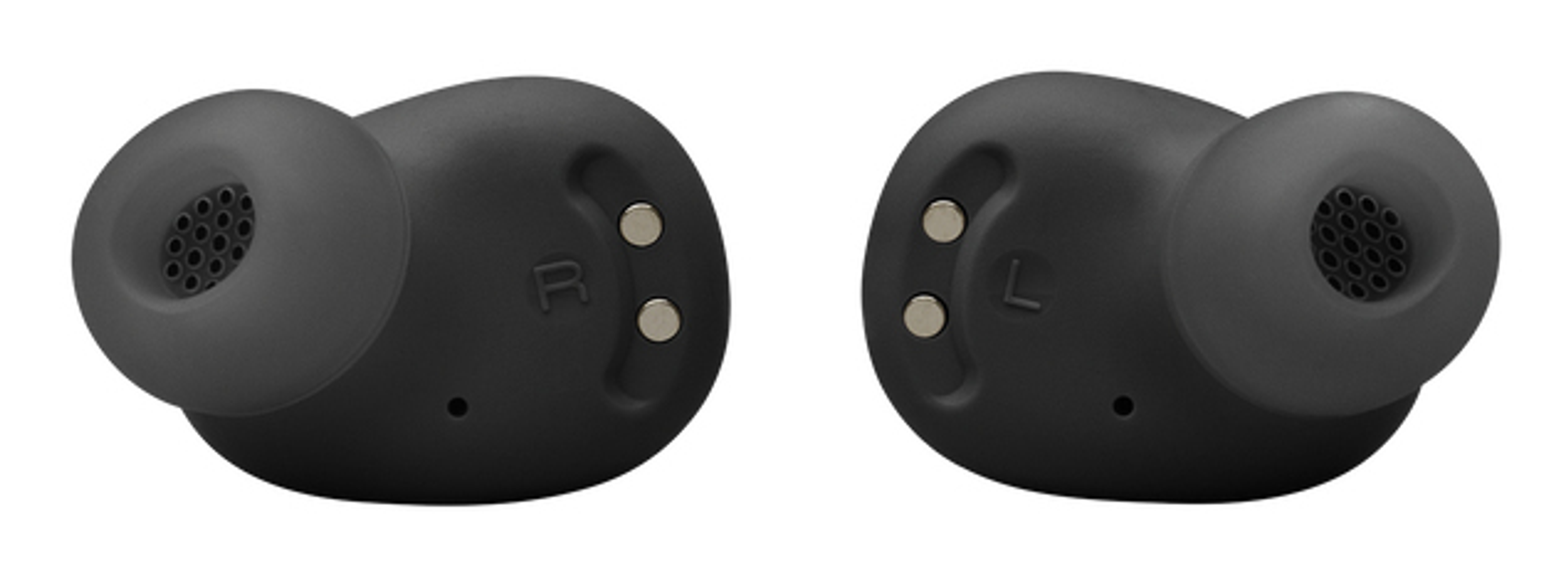 Dwa czarne bezprzewodowe słuchawki na białym tle. Każda ma głośnik i oznaczenia dla lewej i prawej strony.