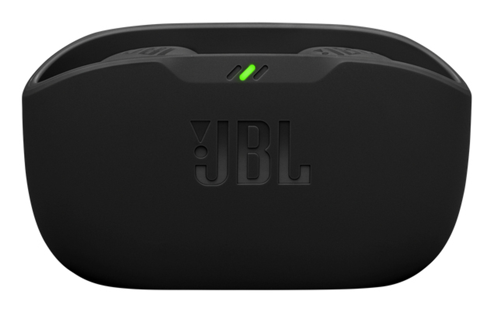 Czarne etui ładujące słuchawek JBL z zielonym wskaźnikiem ładowania. Logo JBL jest wytłoczone z przodu.