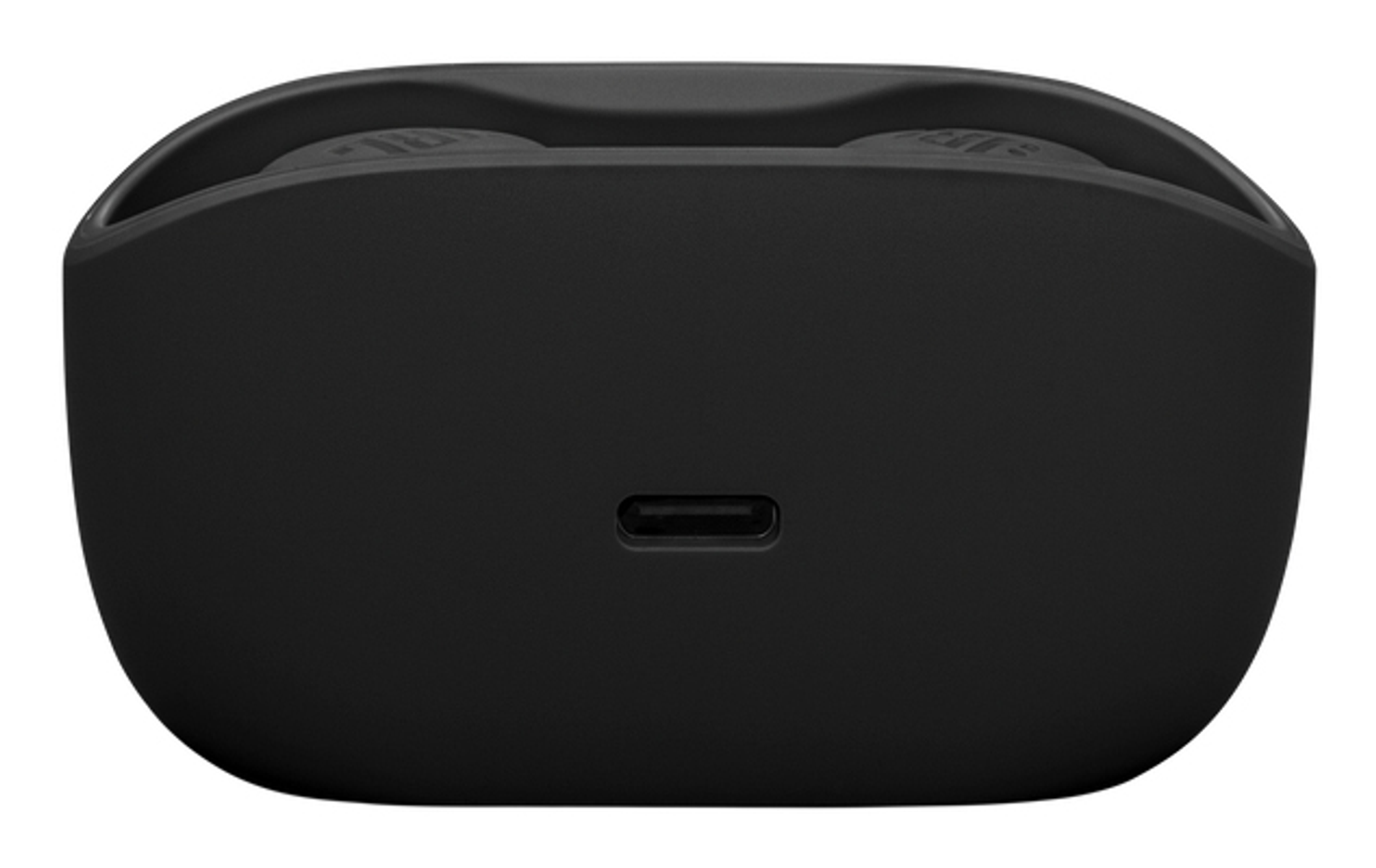 Zbliżenie czarnego, zaokrąglonego etui ładującego. Posiada port ładowania i dwie przegródki na słuchawki.