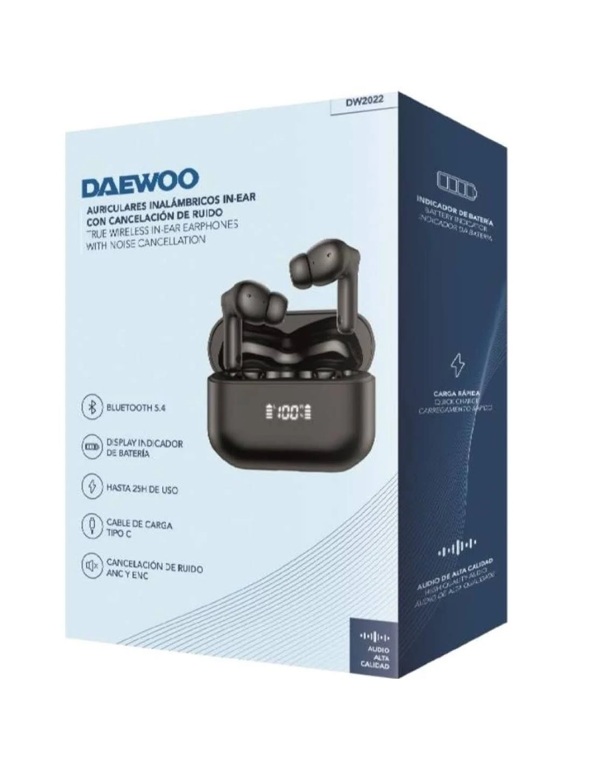 Scatola di auricolari Daewoo wireless in-ear. Auricolari neri in una custodia di ricarica. Il testo include batteria, Bluetooth e cancellazione del rumore.