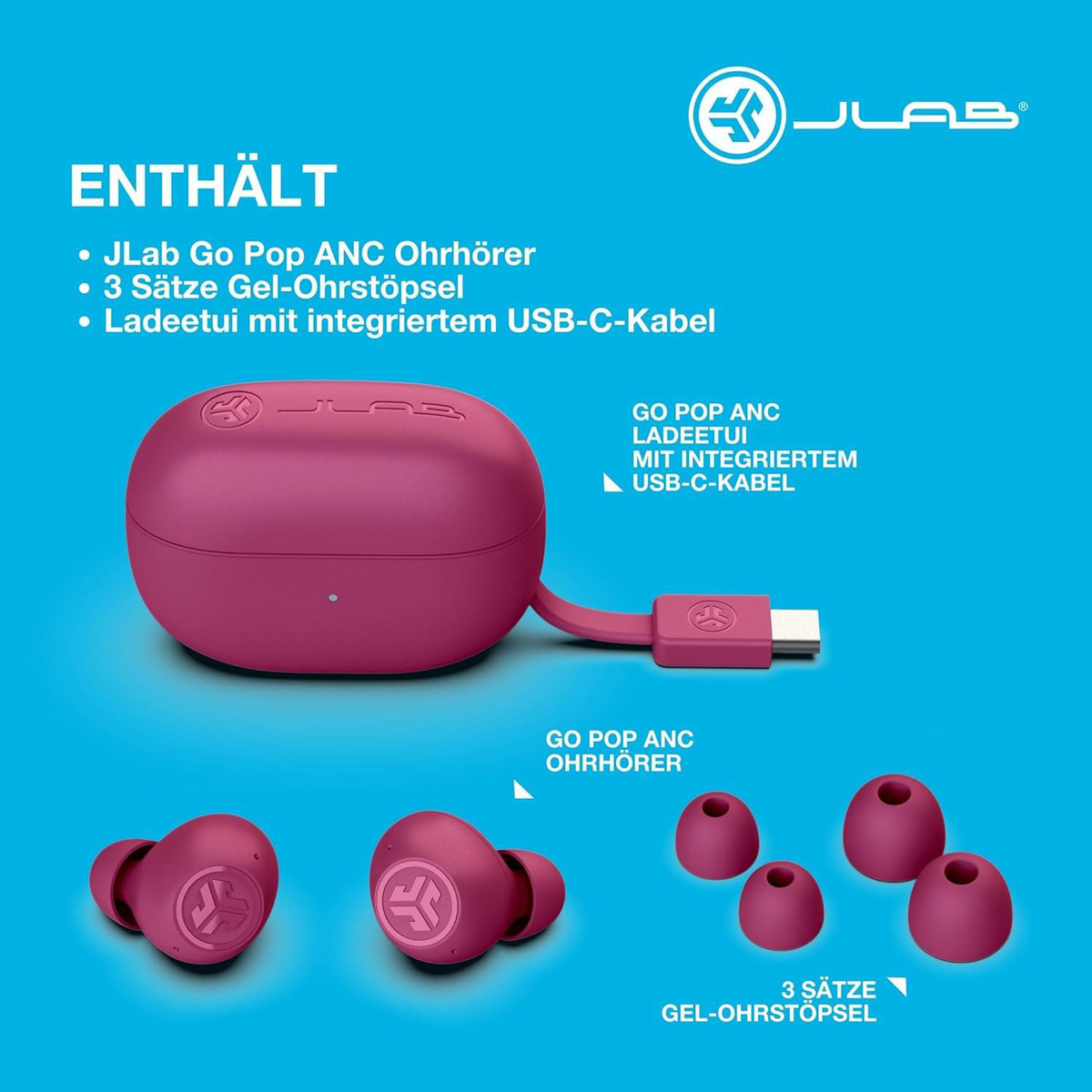 Obraz przedstawia słuchawki JLab Go Pop ANC, etui ładujące i wkładki douszne. Wszystkie elementy są w kolorze magenta. Tekst na niebieskim tle.