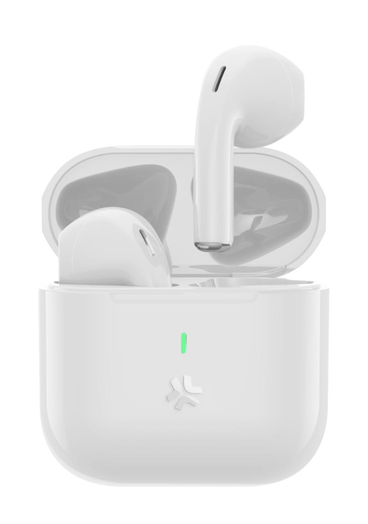 Auricolari wireless bianchi in una custodia di ricarica aperta. Un auricolare è all'esterno. Luce verde e logo sulla custodia.