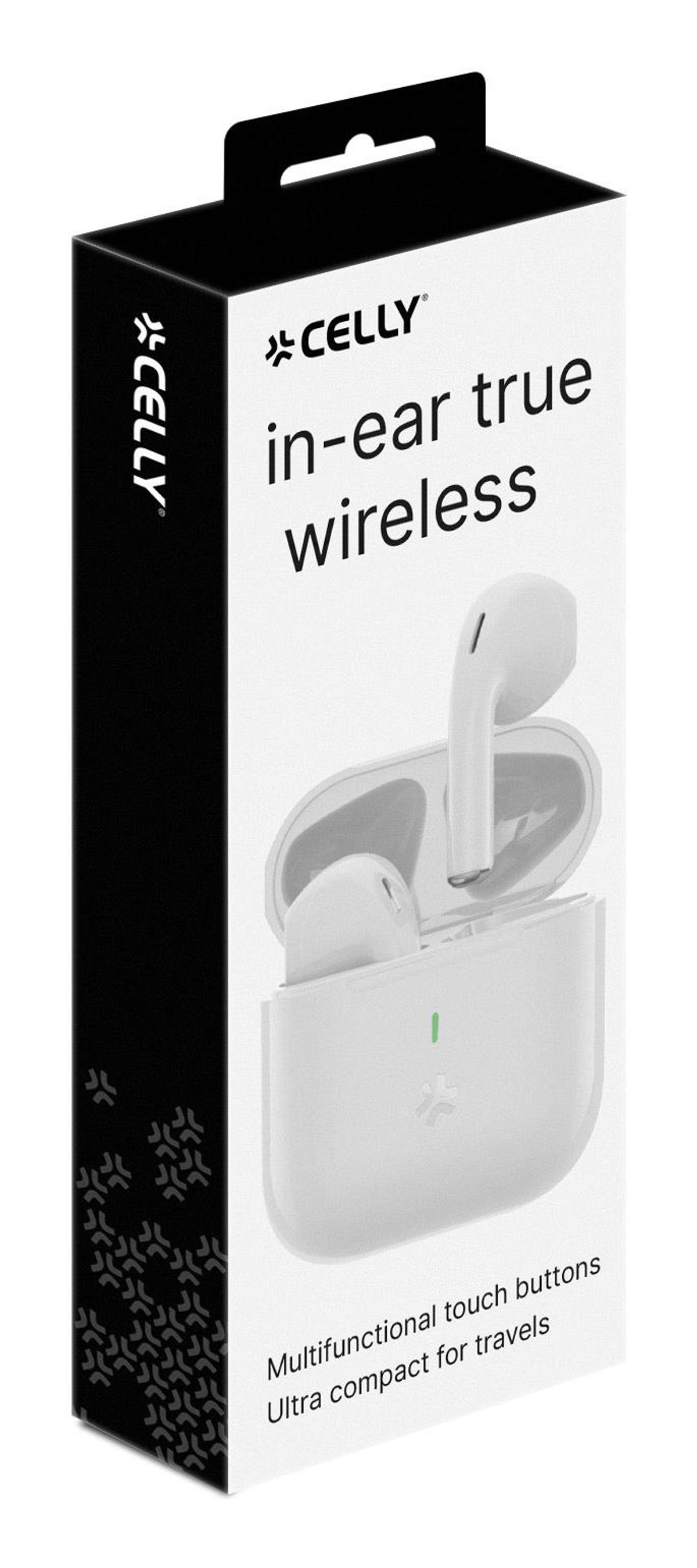 Auricolari wireless Celly bianche in una scatola bianca. Il testo recita 'in-ear true wireless' e 'pulsanti touch multifunzione'.