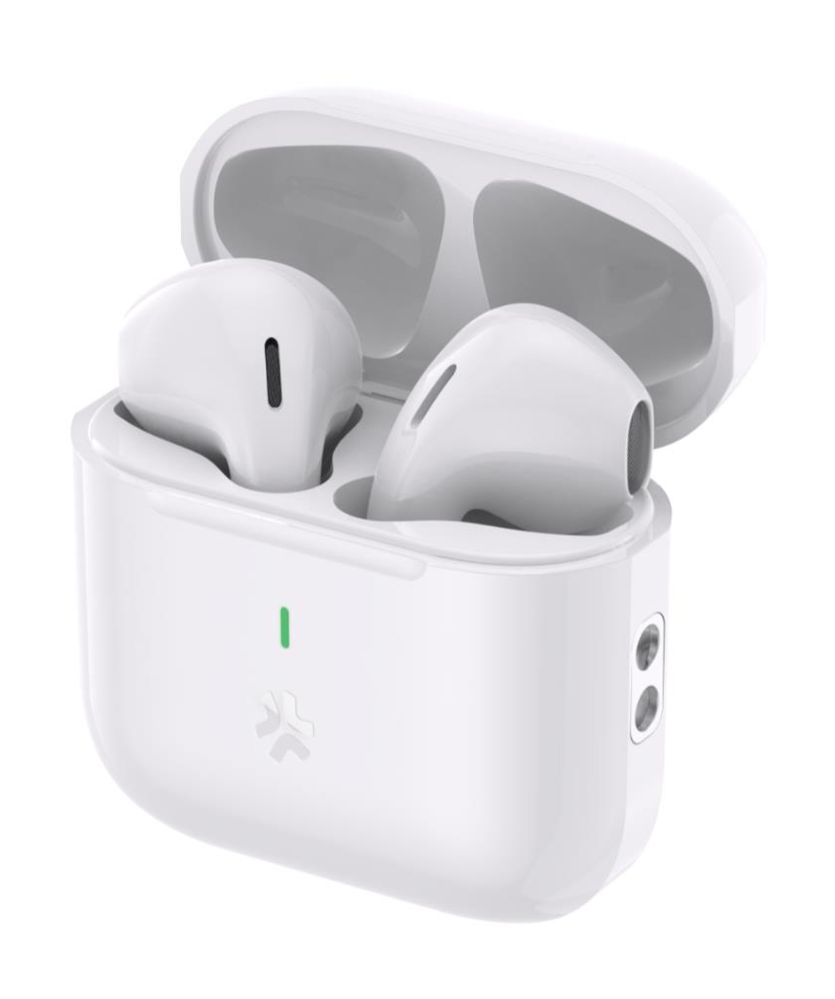 Auricolari wireless bianchi in una custodia di ricarica aperta. La custodia ha una luce verde e un logo. Gli auricolari sono all'interno.