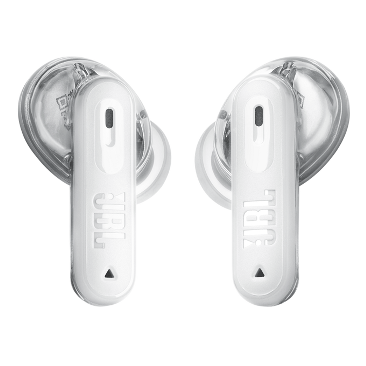 Dwie białe słuchawki JBL na czarnym tle. Każda słuchawka ma przezroczystą kopułę i logo JBL.