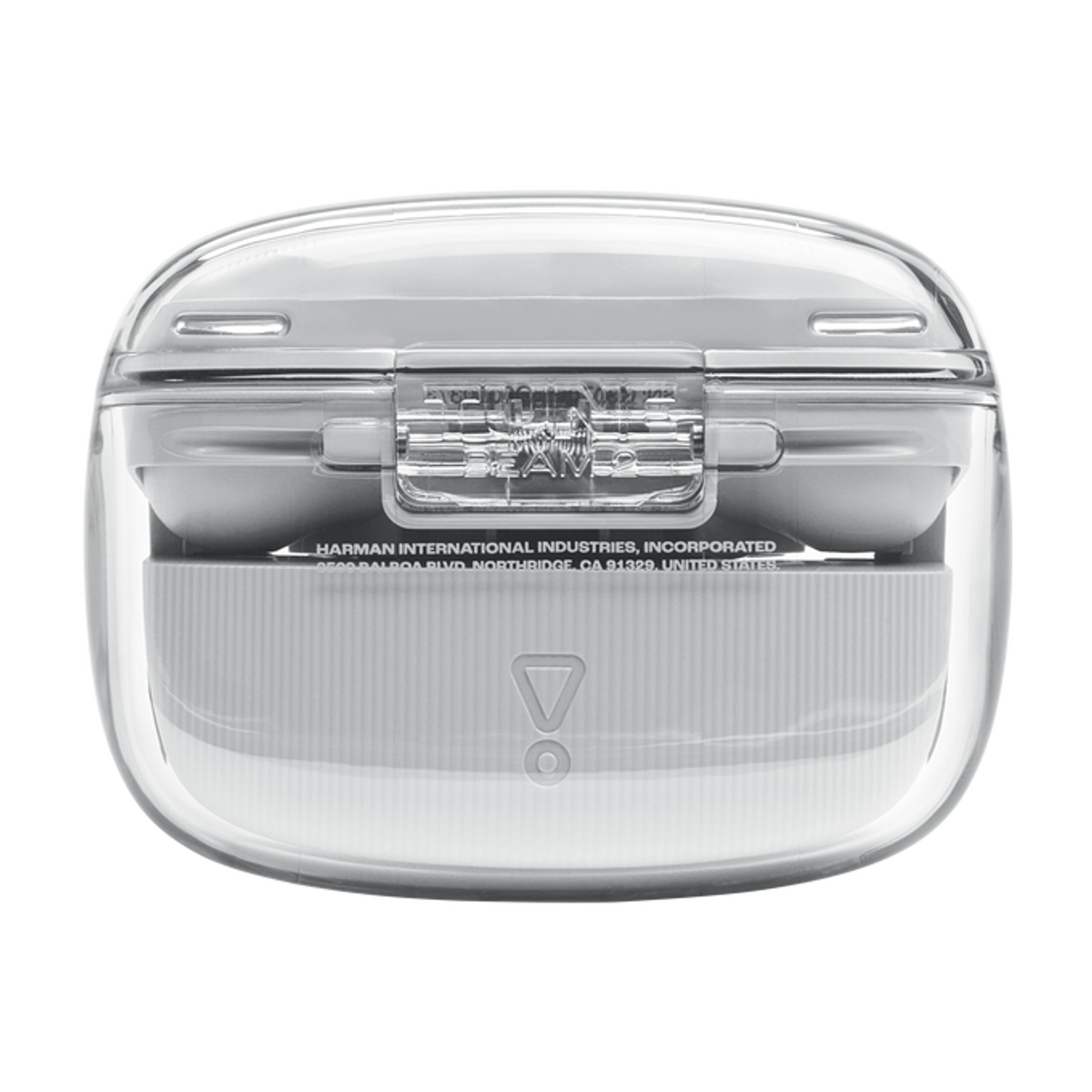 Przezroczyste etui z białymi słuchawkami. Etui ma klapę na zawiasach i zatrzask. Tekst na dole: HARMAN INDUSTRIES.