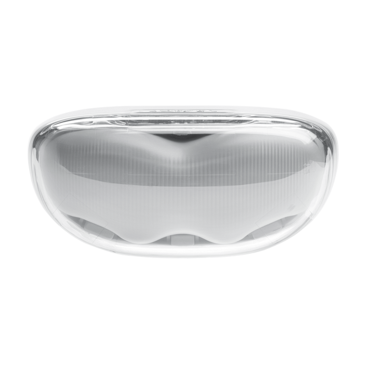 Przezroczysty, owalny element z tworzywa sztucznego. Ma zakrzywioną górę i dół z żebrowanym, białym wnętrzem. Tło jest czarne.