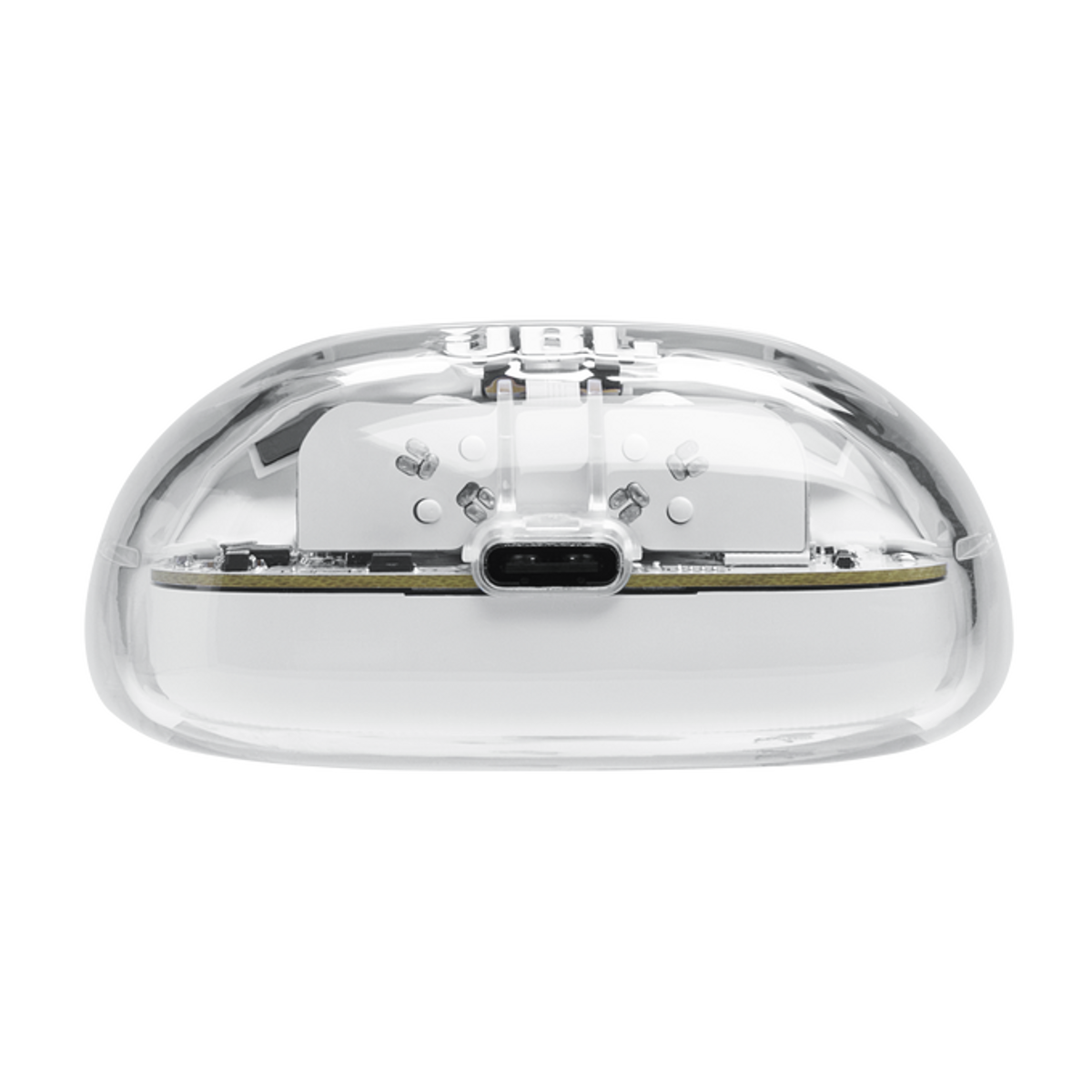 Przezroczyste, zaokrąglone urządzenie z widocznymi elementami wewnętrznymi. Posiada port USB-C i małe śruby. Tło jest czarne.