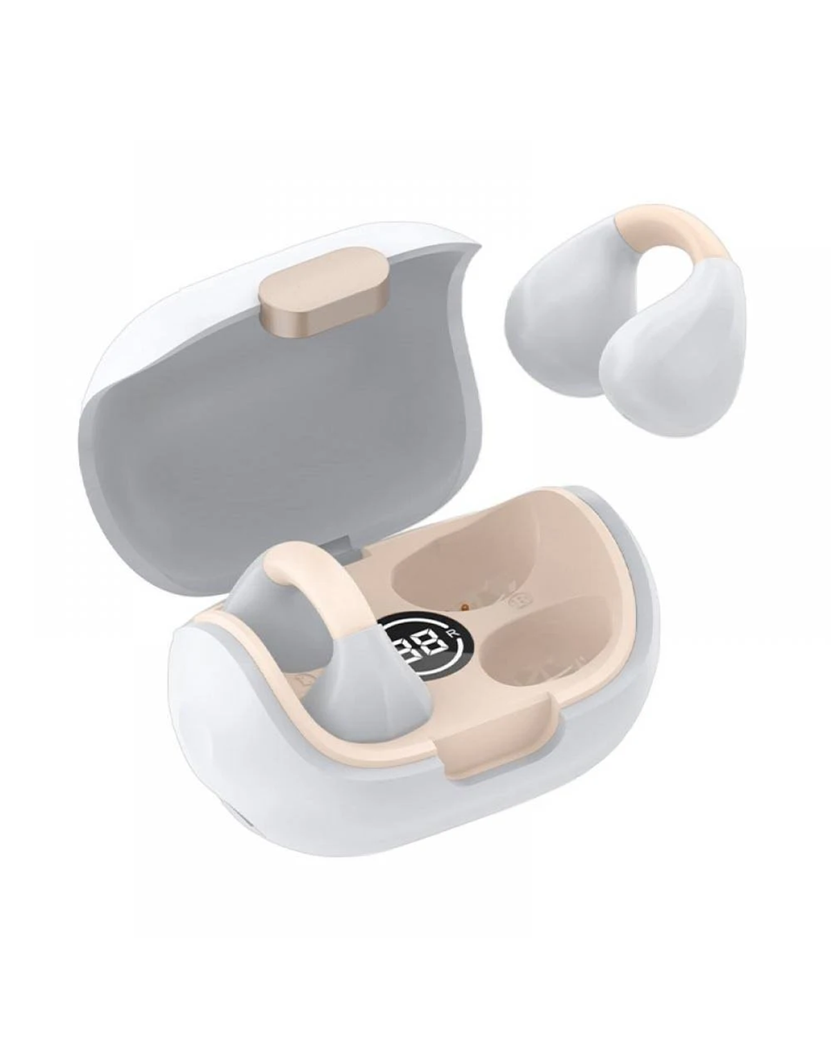 Estuche de auriculares blanco y beige con dos auriculares separados. El estuche está abierto, mostrando el interior y una pantalla digital.