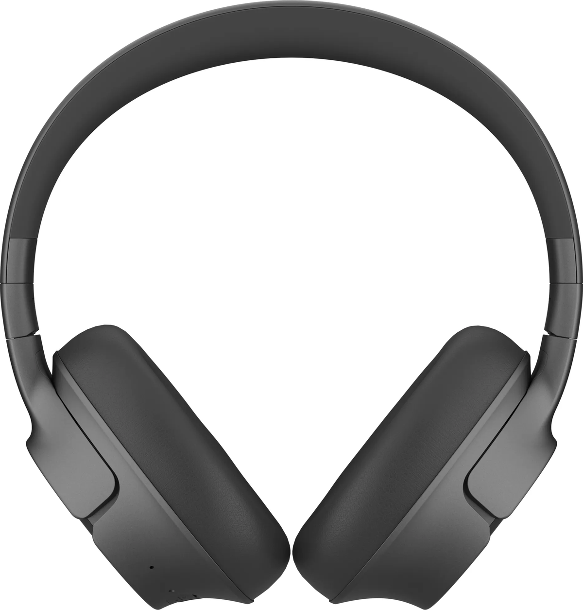 Para czarnych słuchawek jest wyśrodkowana na białym tle. Słuchawki są zakrzywione, z nausznikami i pałąkiem.