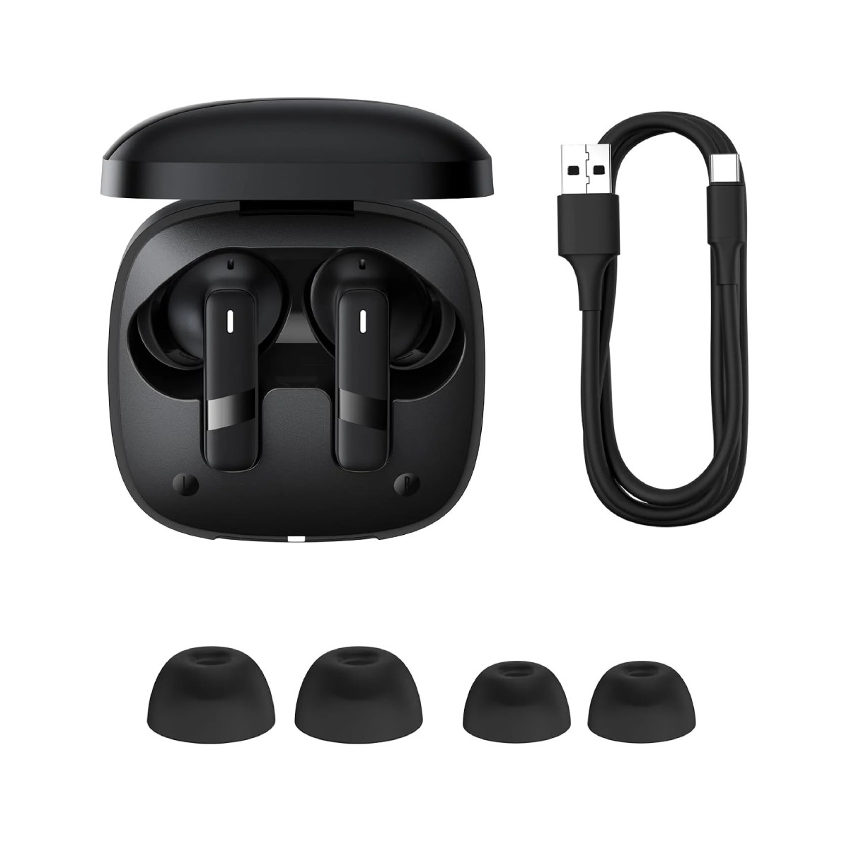 Czarne bezprzewodowe słuchawki z etui ładującym, kablem USB-C i dodatkowymi wkładkami dousznymi na białym tle.