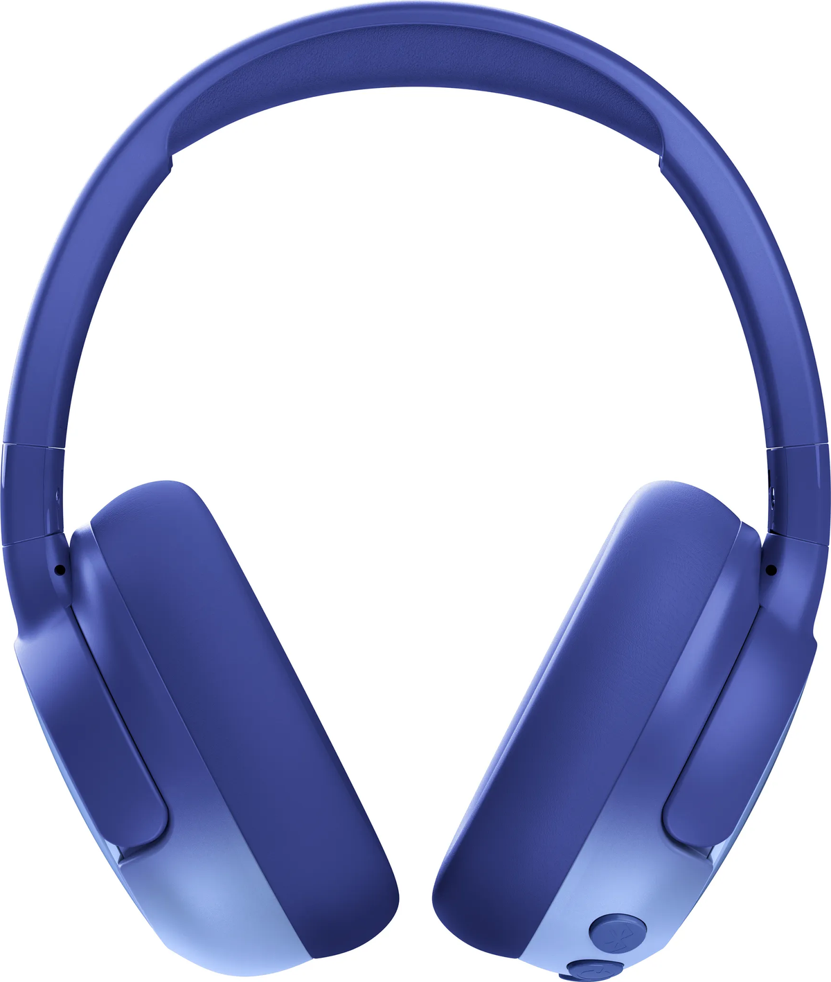 Para niebieskich słuchawek na białym tle. Słuchawki mają zaokrąglony pałąk i nauszniki z przyciskami.