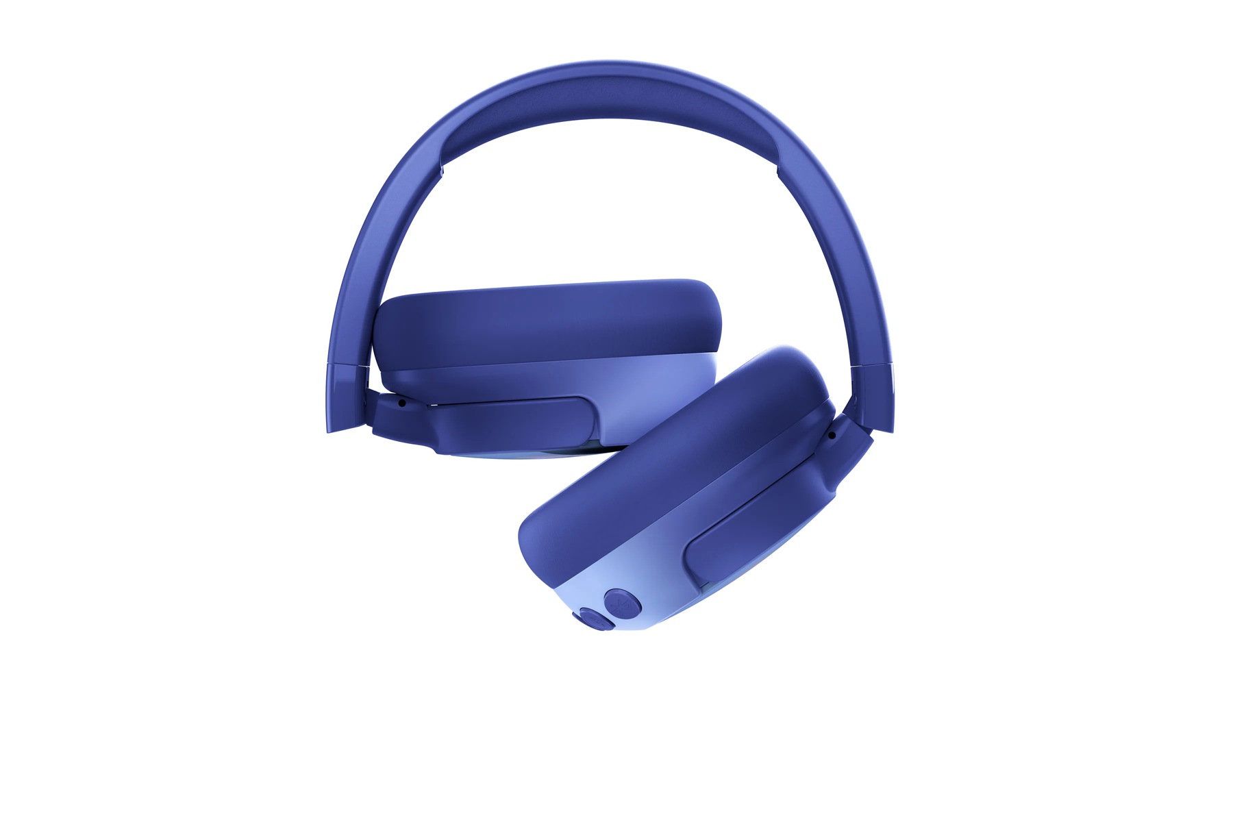 Niebieskie słuchawki na białym tle. Słuchawki są złożone. Widoczne są dwa przyciski.