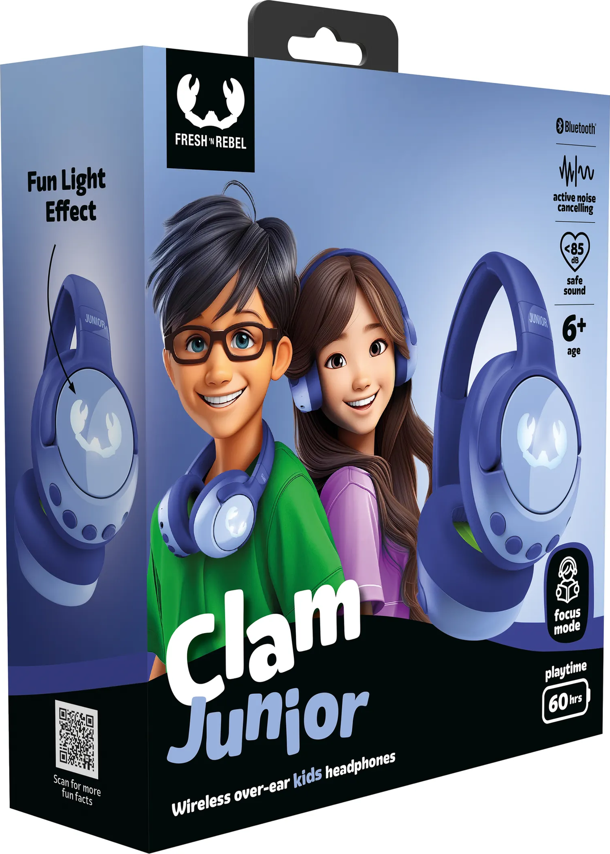 Pudełko przedstawia dwoje dzieci, słuchawki i napis 'Clam Junior'. Zawiera efekt świetlny, tryb focus i 60 godzin odtwarzania.