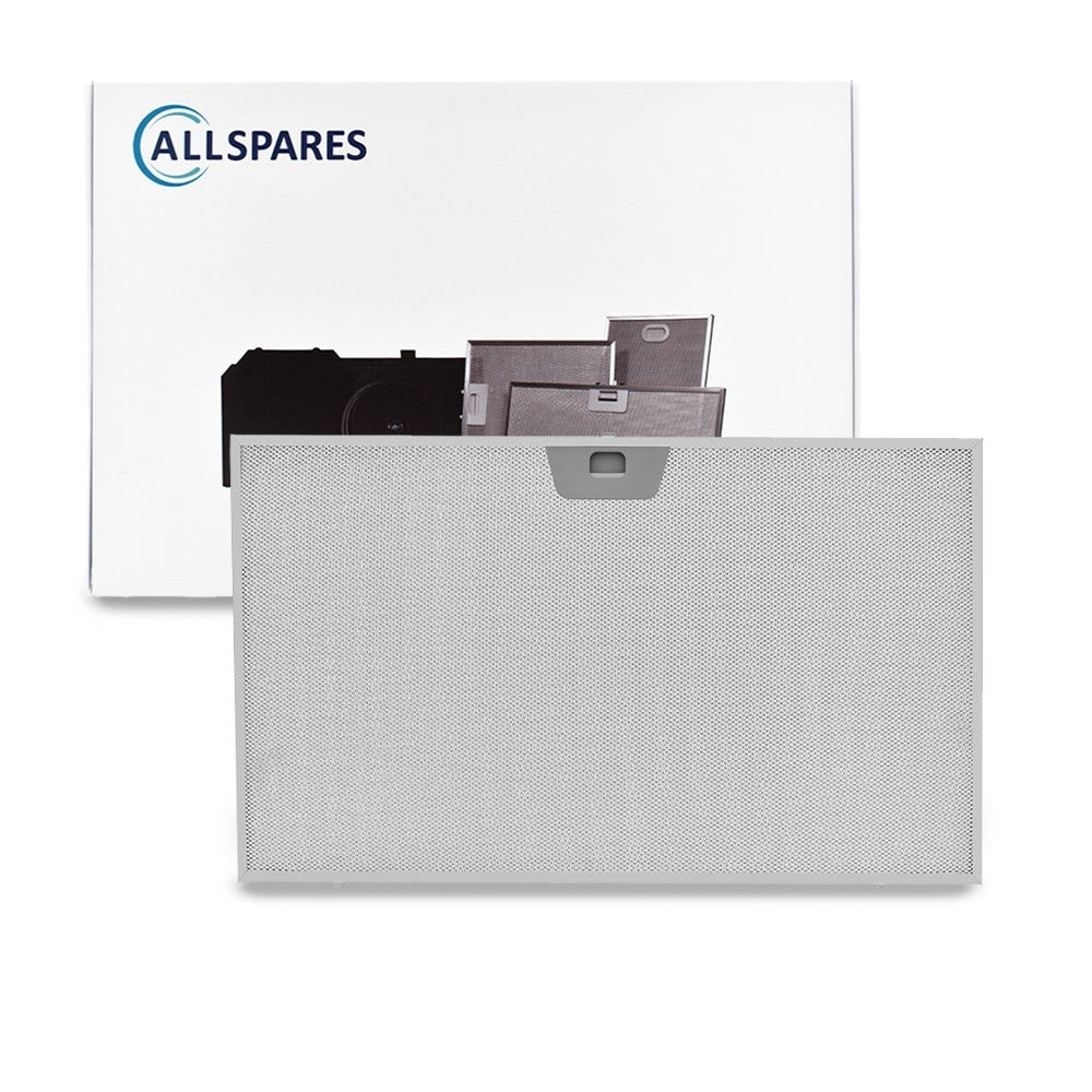Un filtro rettangolare bianco con manico grigio. Una scatola con logo 'ALLSPARES'. Dietro, vari filtri da cucina neri e grigi.
