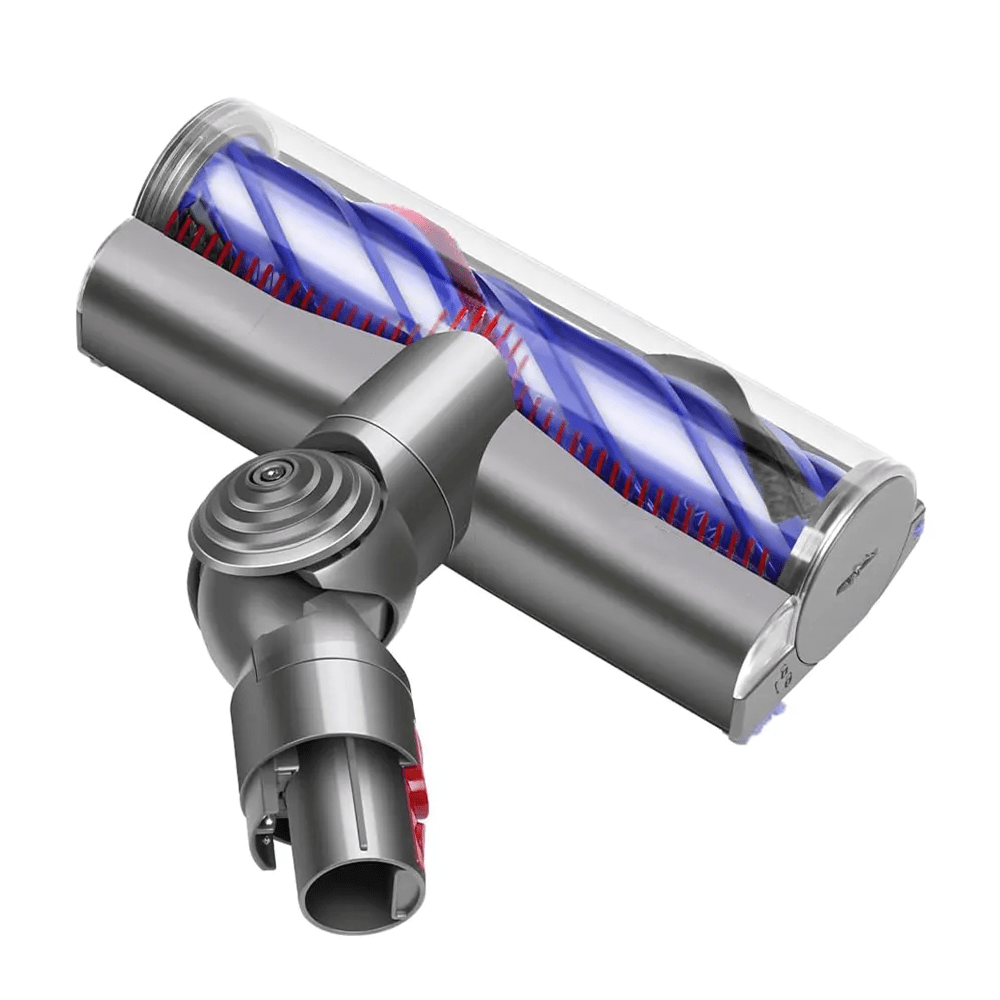 Un primo piano della testina dell'aspirapolvere Dyson. Presenta un cilindro trasparente con un rullo a spazzola blu e rosso e parti grigio metallizzato.