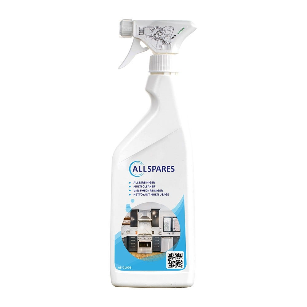 Flacone spray bianco con l'etichetta 'Allspares' per la pulizia multiuso. C'è una foto di una cucina sopra.