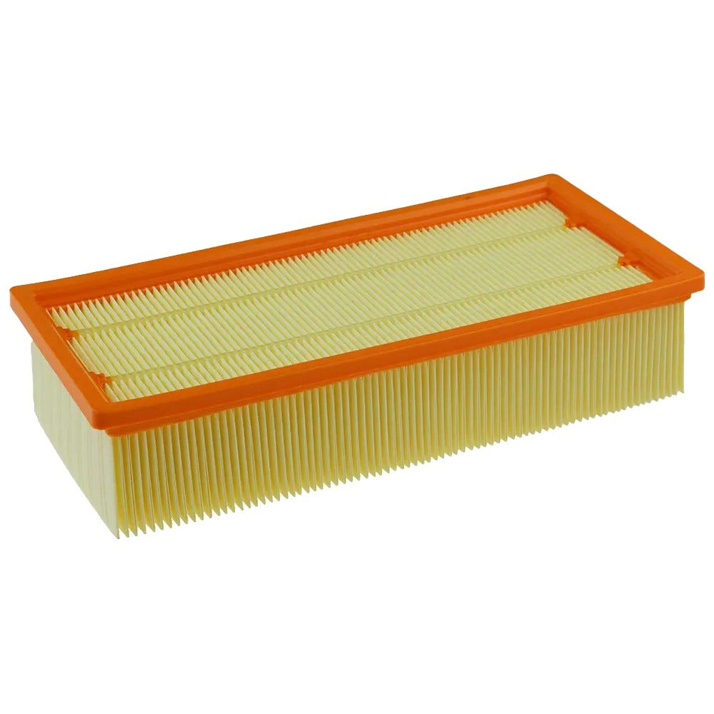 Un filtro dell'aria con un elemento filtrante pieghettato giallo e una cornice arancione, forma rettangolare.